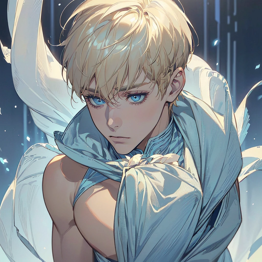 (((I want a man alone, short light blonde hair with a big fringe on his face, serene light blue eyes, a slightly effeminate but detailed and beautiful face, muscular body, wearing a suit)))
