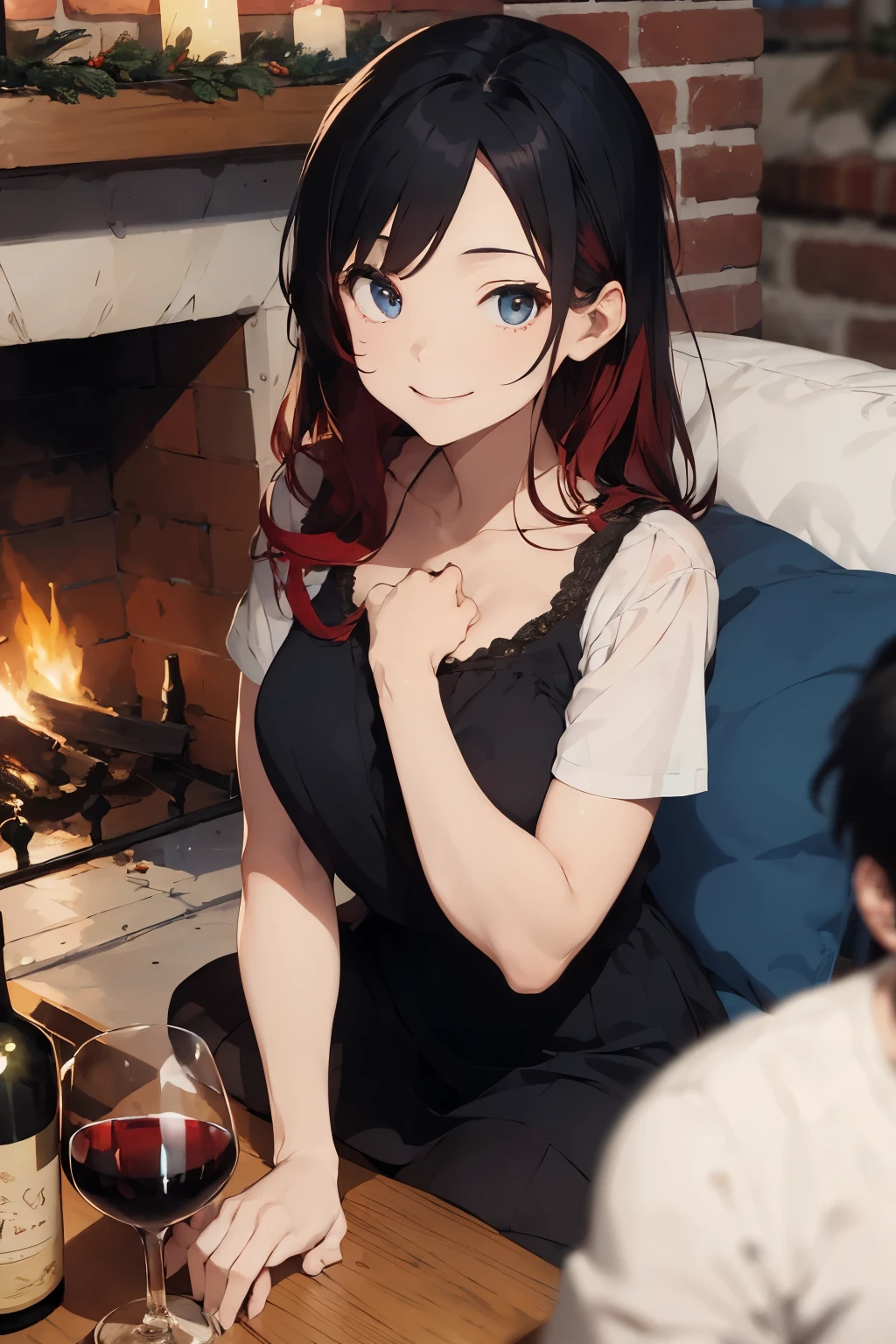 Beautiful young smiling woman with red hair and blue eyes. The young man has black hair and grey eyes. He embraces her and strokes her hair. they drink wine from glasses by the fireplace
