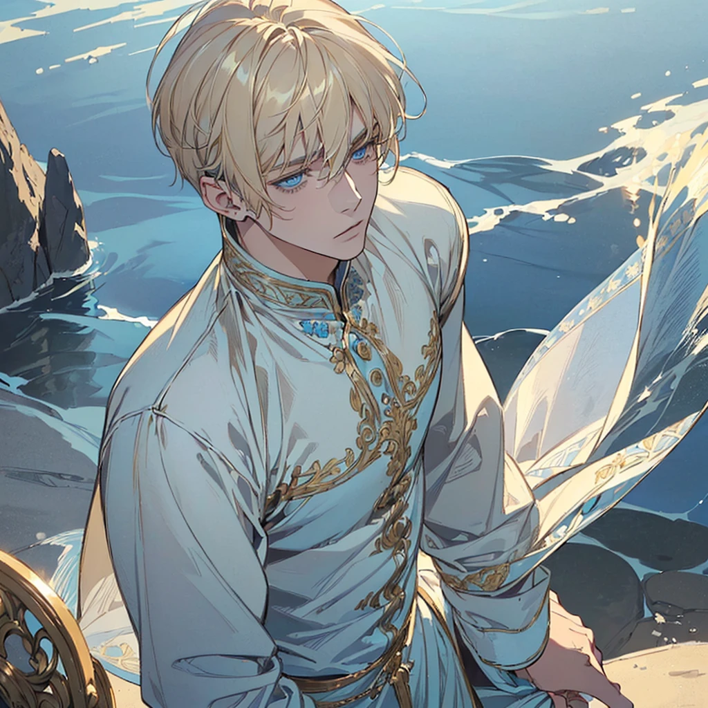 (((I want a man alone, short light blonde hair with a big fringe on his face, serene light blue eyes, a slightly effeminate but detailed and beautiful face, muscular body, wearing a suit)))