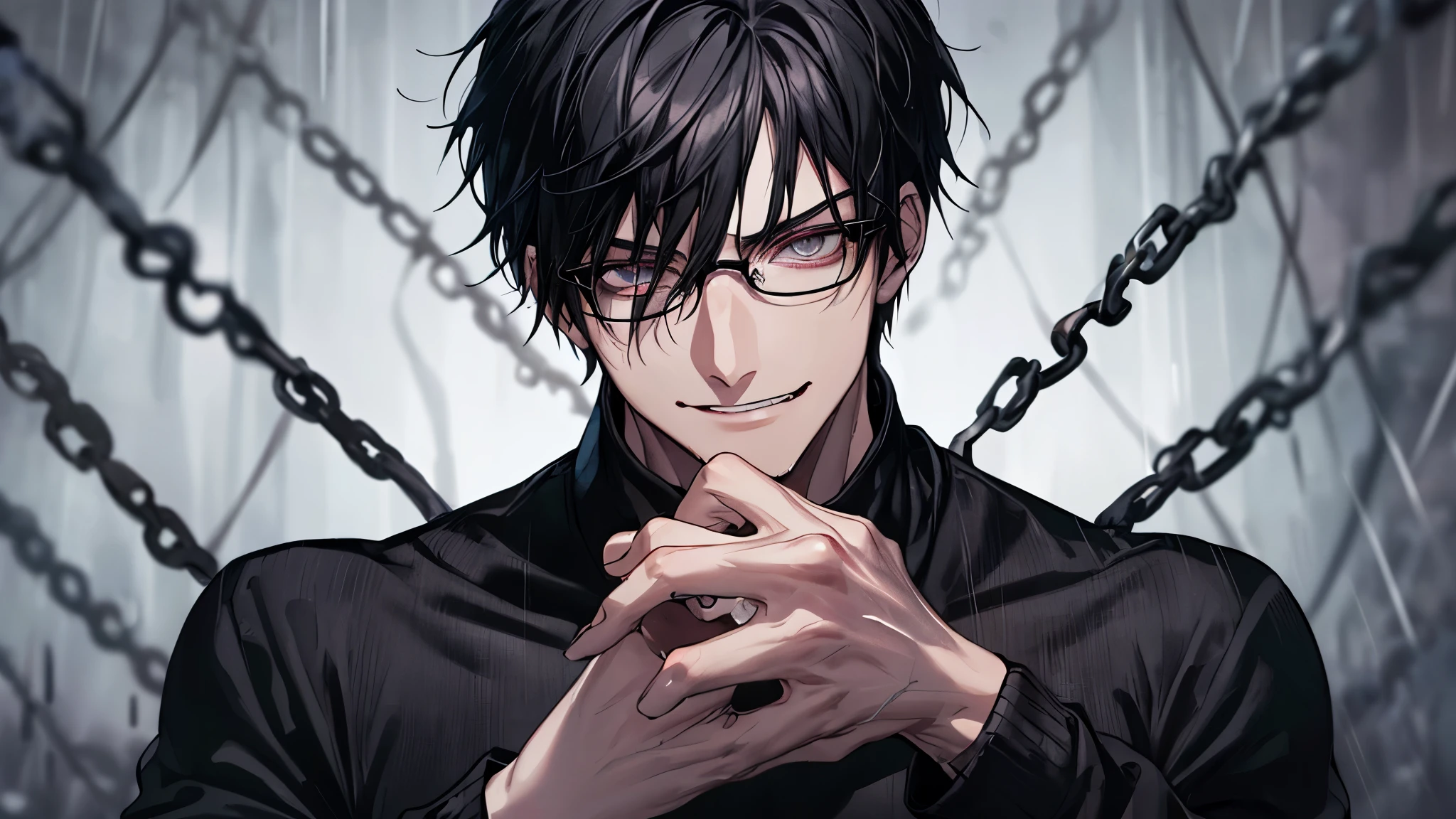 1 guy, black jeans, black sweater, press, rings on fingers, black nails, Glasses, black hair, a little sporty, hand to chest, Glass eyes, Malice, anger, portrait, cinematic lighting, Blur background with chains, Best quality, night city, rain, Dark tones, Wet, Brown eyes, grinning, In chains, a demon behind,