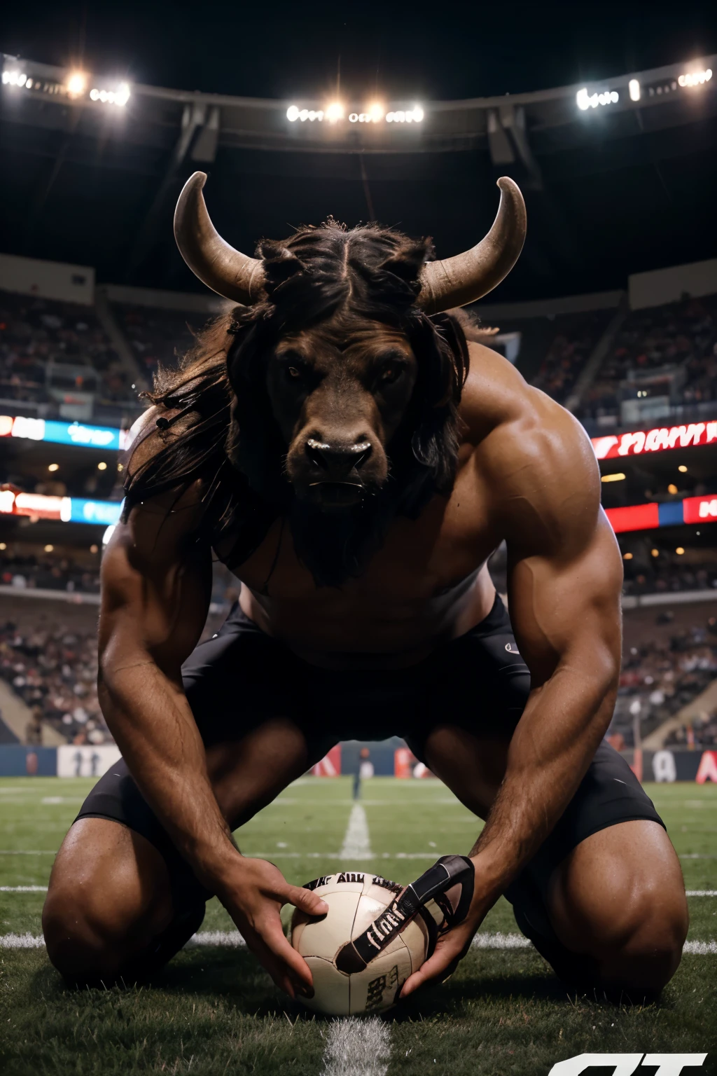 A minotaur playing american football, black bull face, bull head, professional picture, black hairy humanoid bull, dynamic shot, professional picture, sport magazine photo, stadium, crawd, night