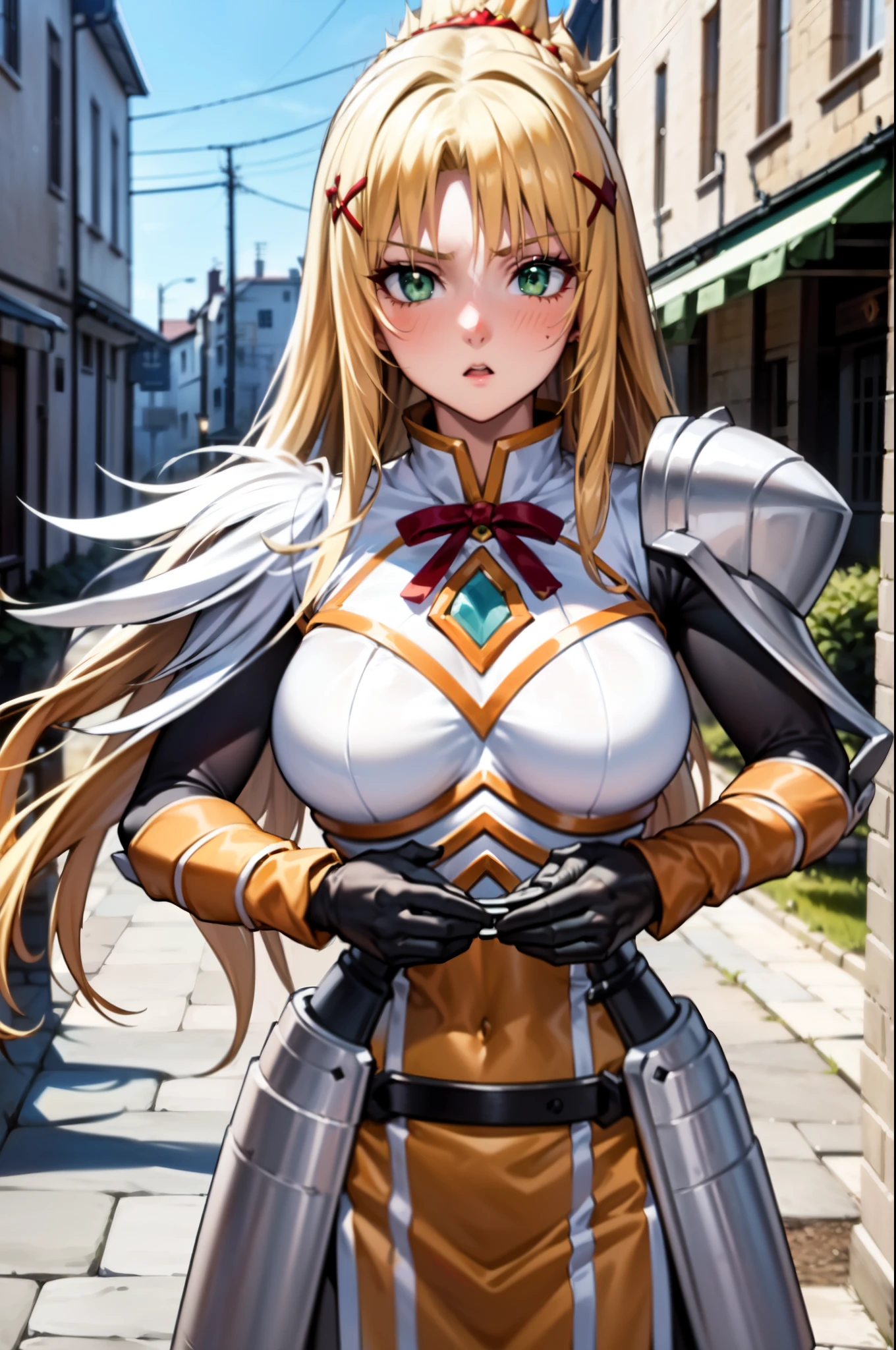 masterpiece, best quality, extremely detailed, 1girl, gyaru, milf, solo, mordred, (gigantic breasts), ((((blonde hair), green eyes, long hair))), parted lips, (((dknsoutfit))), ((blush, :o), closed mouth), ((holding ak-47, medieval town))