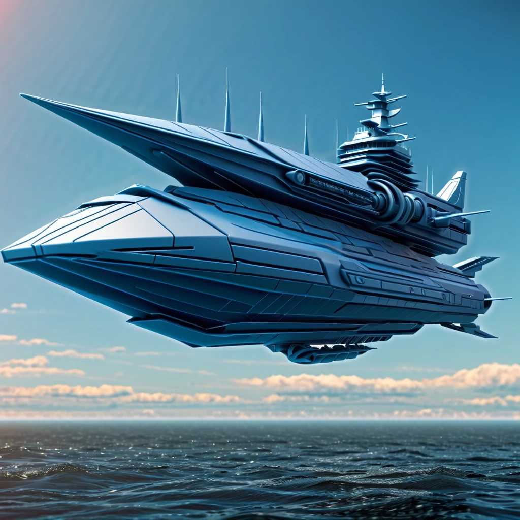 Metal bird-like ship, plastic, blindagem Liza. plans futuristic background warship with missile, futurista voando 4k