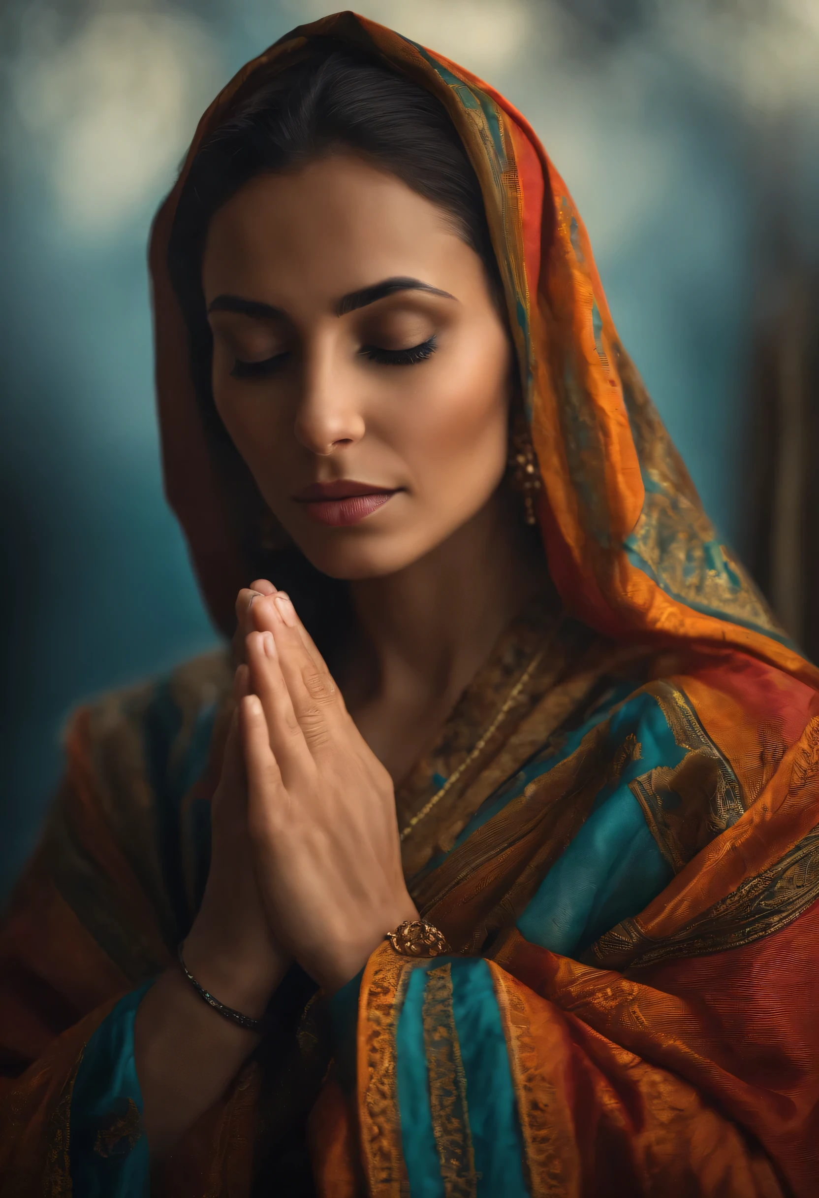 a close-up of a woman with her hands crossed in prayer