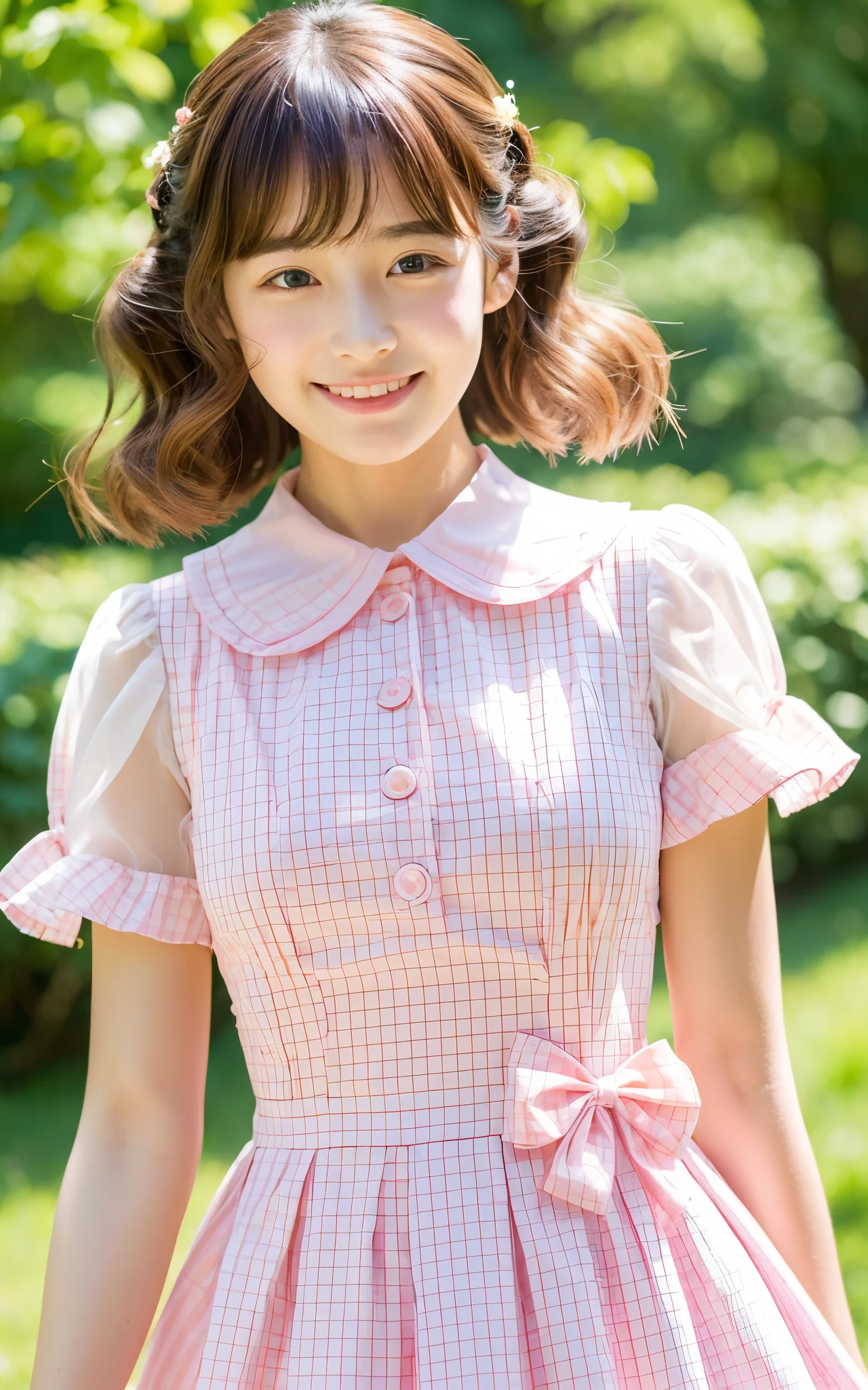 ((of the highest quality, 8K, masutepiece: 1.3)), Beauty, 1 Japan Girl, childish, (baby face:1.2, round face, lower height), portrait, brown hair, bob hair, (wavy hair, curl inward), 29 years old, Detailed face, very detailed lips, Detailed eyes, Double eyelids, Sweaty skin: 1.2, smile, opened mouth, (collared dress, light pink plaid dress, frilled dress, long dress, puffy sleeves, short sleeves, heart shaped button,)