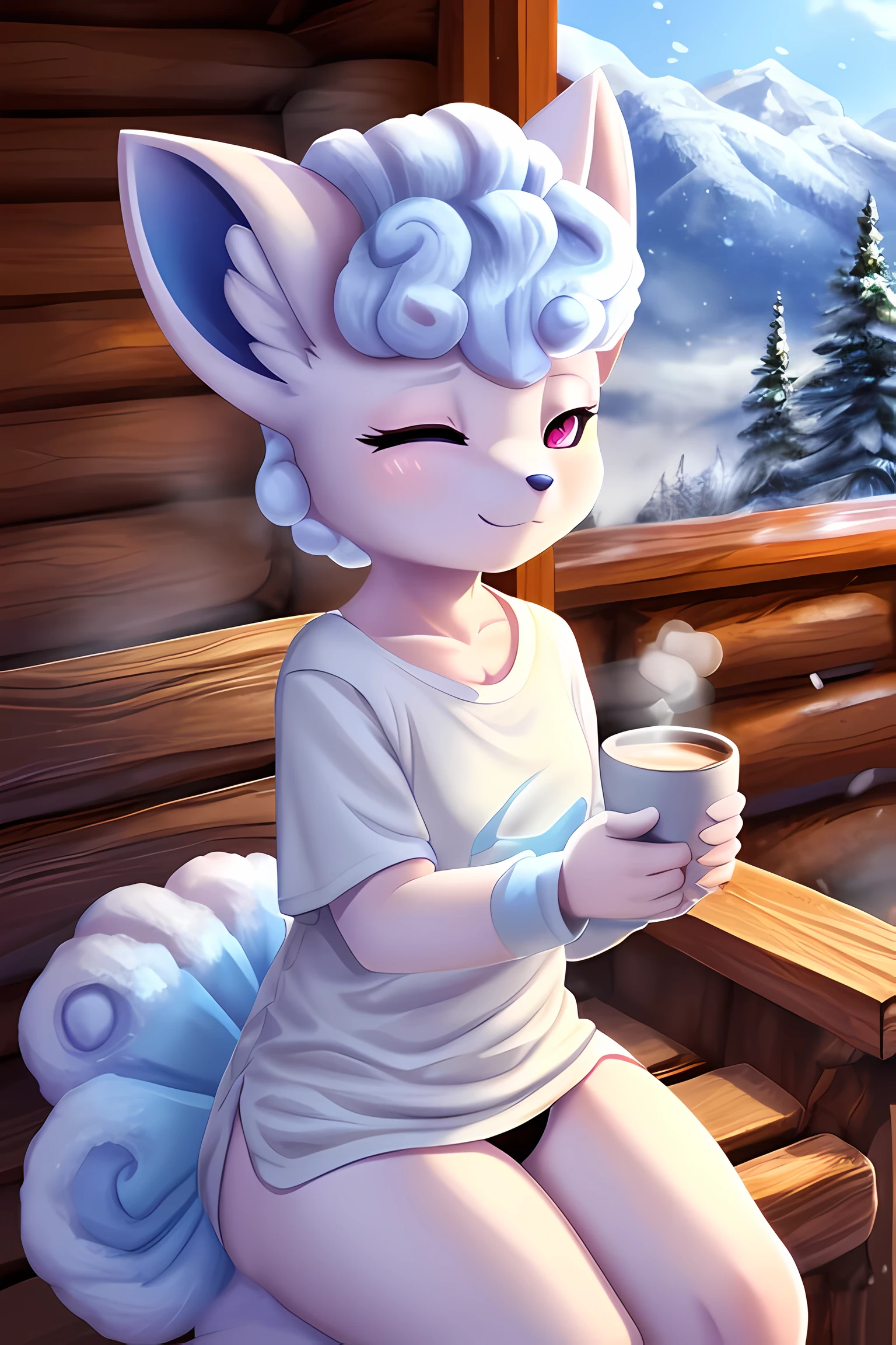 1girl, solo ((Alolan Vulpix), curvy, young, anthropomorphic, pink eyes, looking tired, one eye closed, smiling)), ((three-quarter portrait)), ((wear long t-shirt that goes down to her thighs, no pants, with black panties)), BREAK ((sitting in a wooden chair on a porch of a log cabin)), ((holding one cup of hot coffee, steaming)), (detailed background, snowy mountains, light snow, depth of field), (intricate:0.7), (high detail:1.3), (sharp focus:1.15), [Safe for Work], (masterpiece, best quality, 4k, 2k, shaded, absurd res)