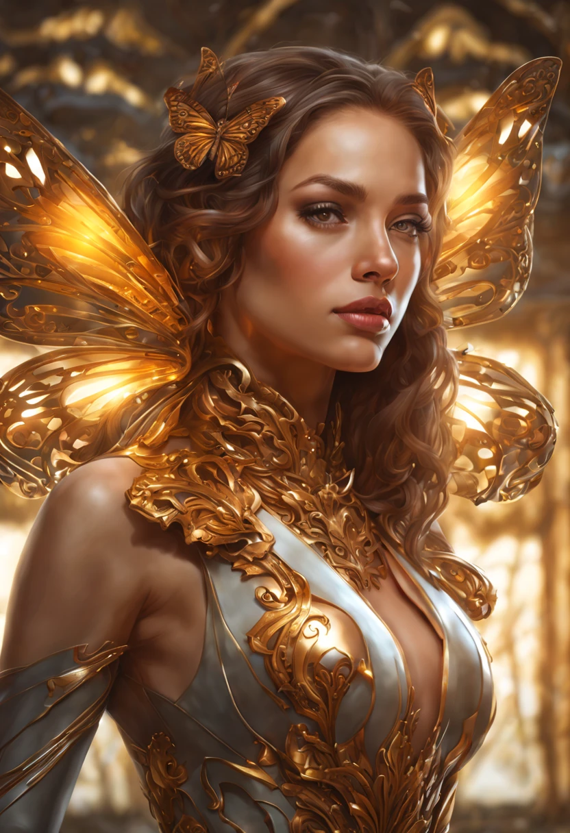 8k portrait of beautiful cyborg with brown hair, intricate, elegant, highly detailed, majestic, digital photography, art by artgerm and ruan jia and greg rutkowski surreal painting gold butterfly filigree, broken glass, (masterpiece, sidelighting, finely detailed beautiful eyes: 1.2), hdr, 