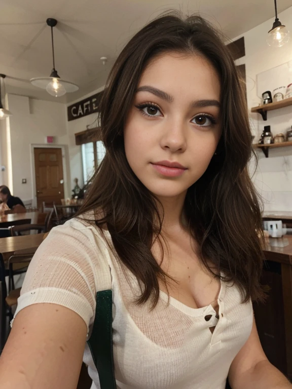Photo of a 20 year old brunette woman., que tiene una cara muy natural, labios delgados, ojos delgados, cejas finas, nariz fina, pendientes, long eyelashes. She takes a cute selfie in a cafe.