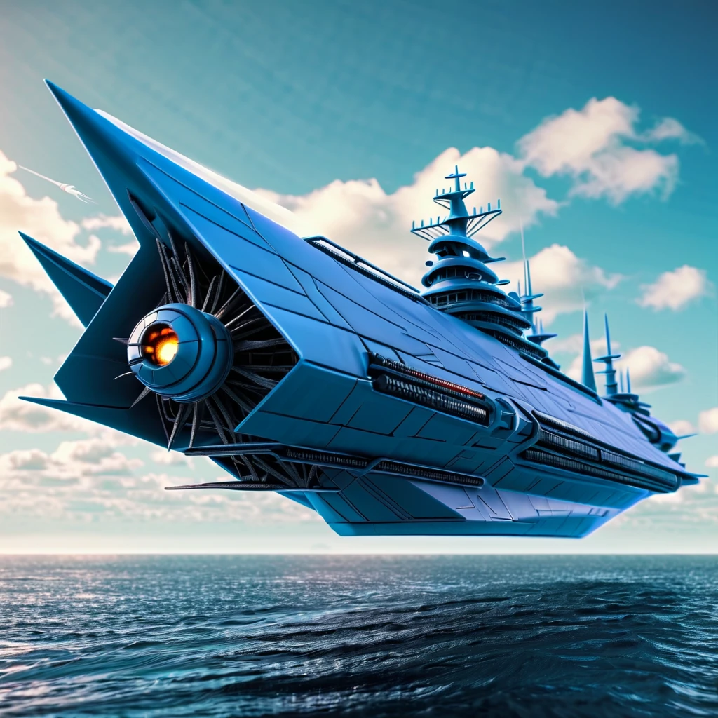 Metal bird-like ship, plastic, blindagem Liza. plans futuristic background warship with missile, futurista voando 4k