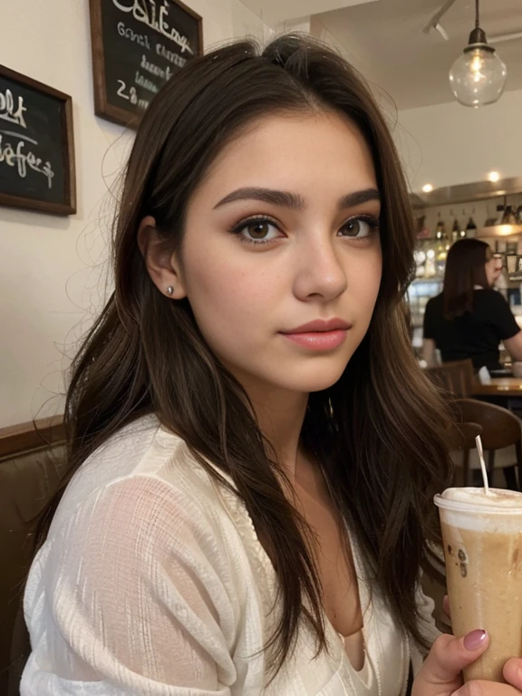 Photo of a 20 year old brunette woman., que tiene una cara muy natural, labios delgados, ojos delgados, cejas finas, nariz fina, pendientes, long eyelashes. She takes a cute selfie in a cafe.