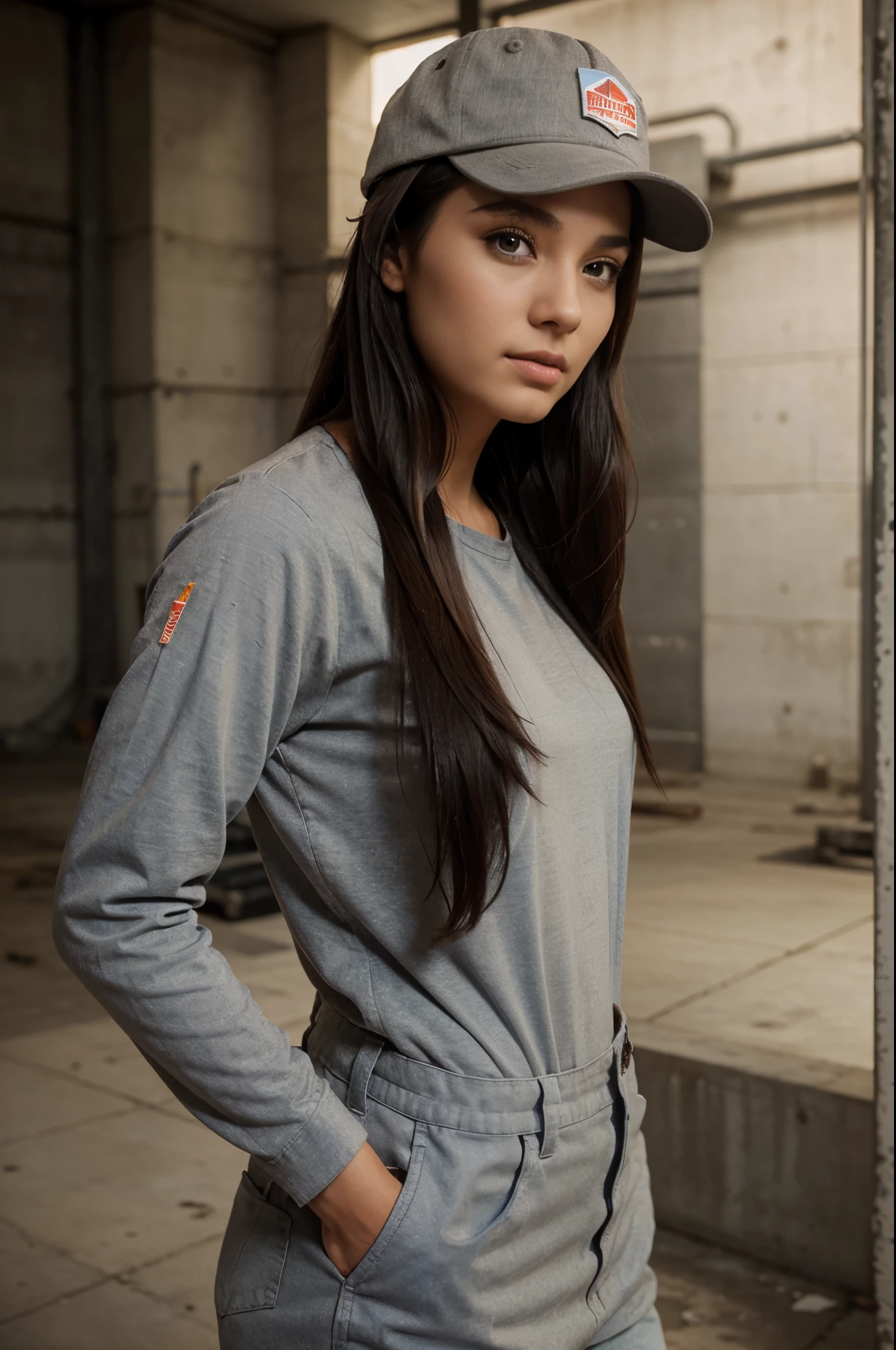 side pose of a beautiful american woman, wearing cement workers uniform and cap, concrete work , long straight black hairs, flirty look, straight hairs, brown eyes, brown hairs, realistic skin texture, realistic photography