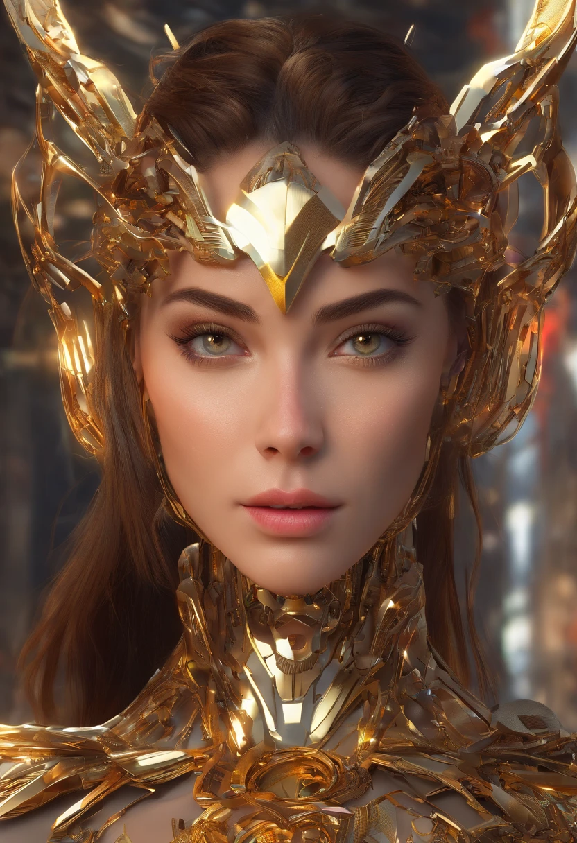 8k portrait of beautiful cyborg with brown hair, intricate, elegant, highly detailed, majestic, digital photography, art by artgerm and ruan jia and greg rutkowski surreal painting gold butterfly filigree, broken glass, (masterpiece, sidelighting, finely detailed beautiful eyes: 1.2), hdr, 