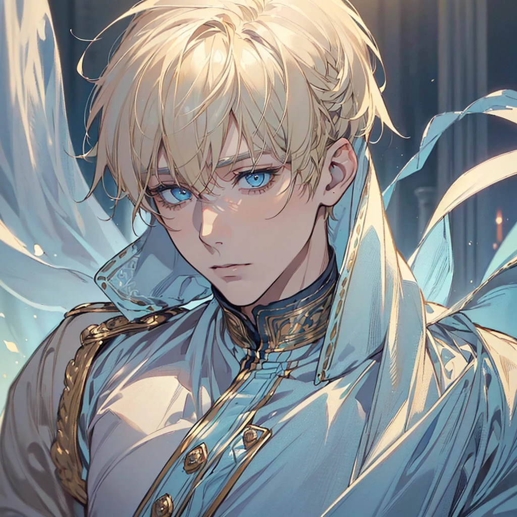 (((I want a man alone, short light blonde hair with a big fringe on his face, serene light blue eyes, a slightly effeminate but detailed and beautiful face, muscular body, wearing a beauty clothes)))
