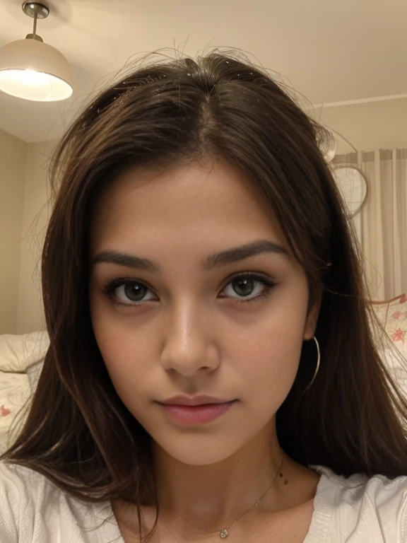 Photo of a 20 year old brunette woman., que tiene una cara muy natural, labios delgados, ojos delgados, cejas finas, nariz fina, pendientes, long eyelashes. Ella hace una linda selfie con otra persona en la cama