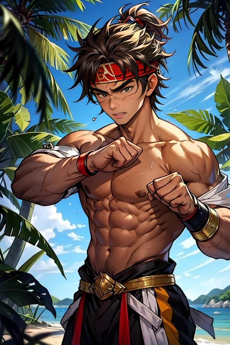 (Masterpiece, Best quality 17 year old boy，Shota), solo, Young, boy, Dark Short hair, full bodyesbian, Shirtless, babyface, topless, green headband, Vivid colors,(Depth of field:1.2),(Abs), view the viewer, black wristband, closed mouth, serious, topless male, pale tanned skin with tight muscler body, Man with martial arts stance, epic kung fu pose,