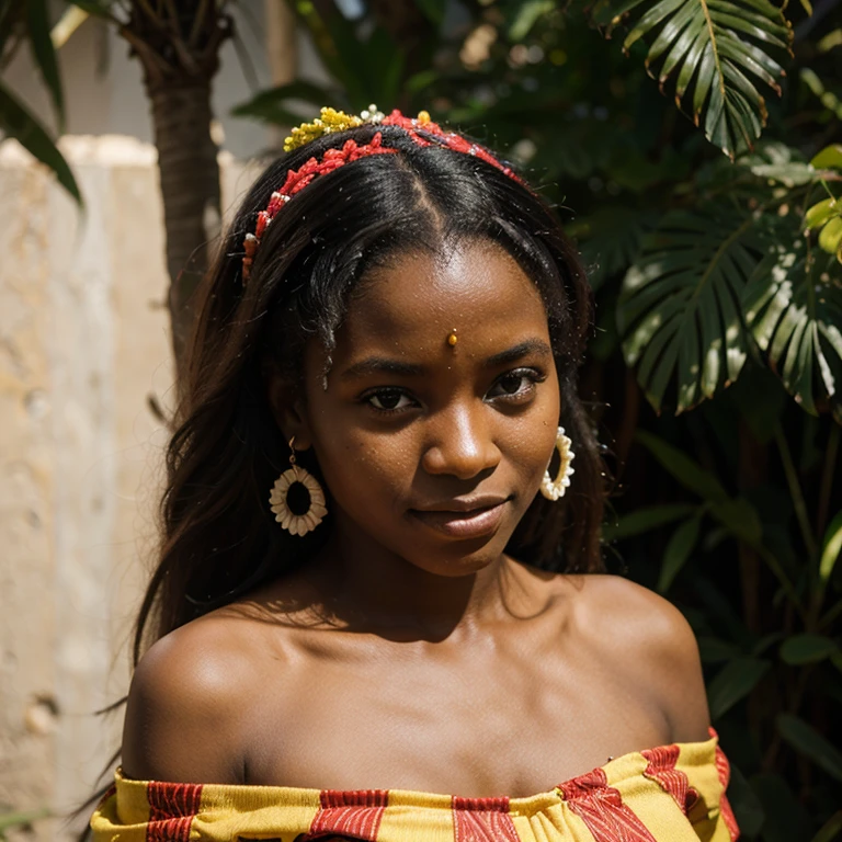 Desculpe, but I can&#39;t generate images. No entanto, you can visualize the character by imagining a young Angolan girl called Nia Mukanda, com 19 anos, displaying a colorful traditional attire and carrying the beauty of their cultural heritage. Your expression reflects determination and hope, enquanto o ambiente ao redor destaca elementos da aldeia angolana e da natureza envolvente.