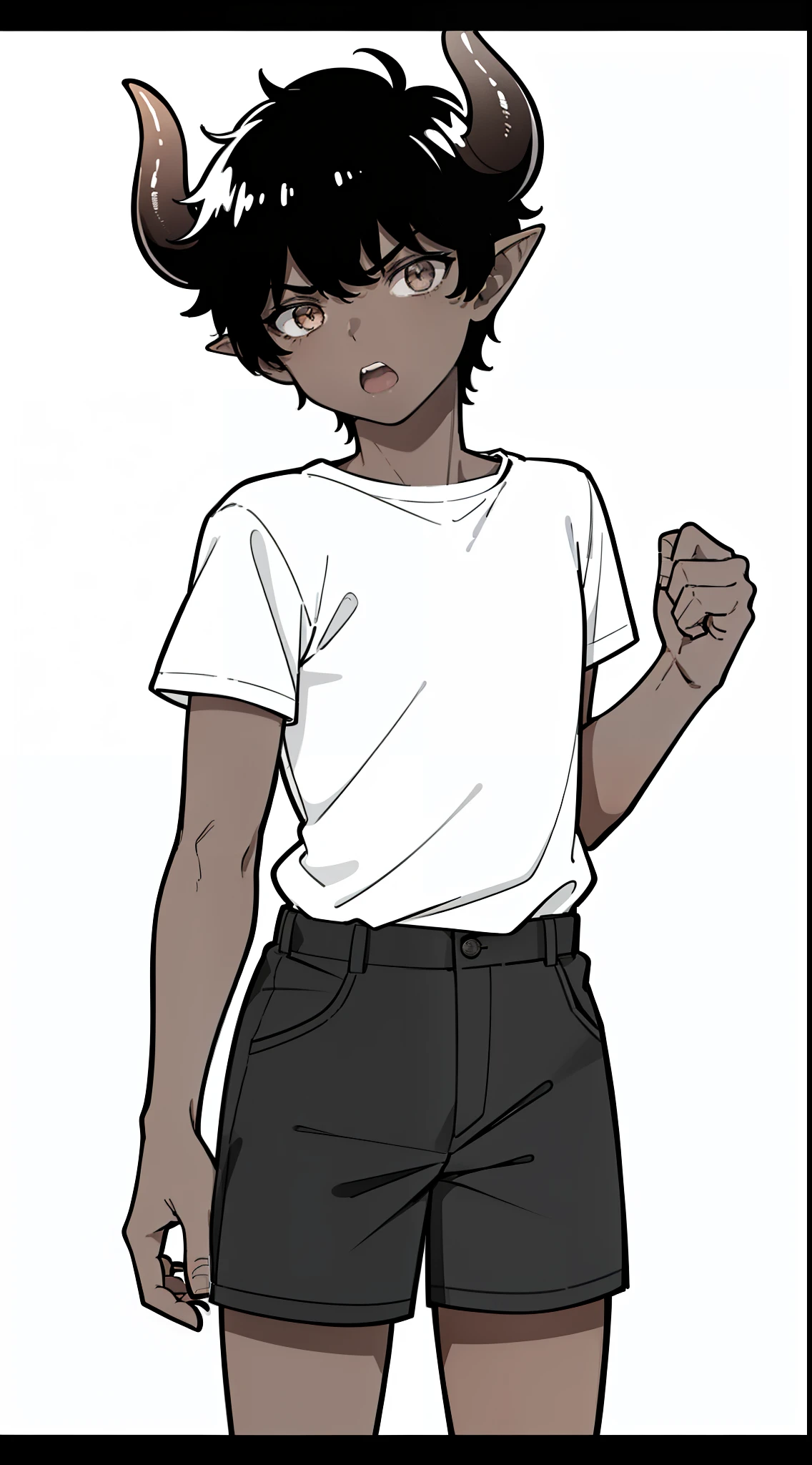 1boy,10 years,solo,((dark skin)),((white shirt,short sleeves,black shorts)),Short hair,black hair,elf ears,(horns),(white background,line drawing),from front,cowboy shot ,open mouth,angry