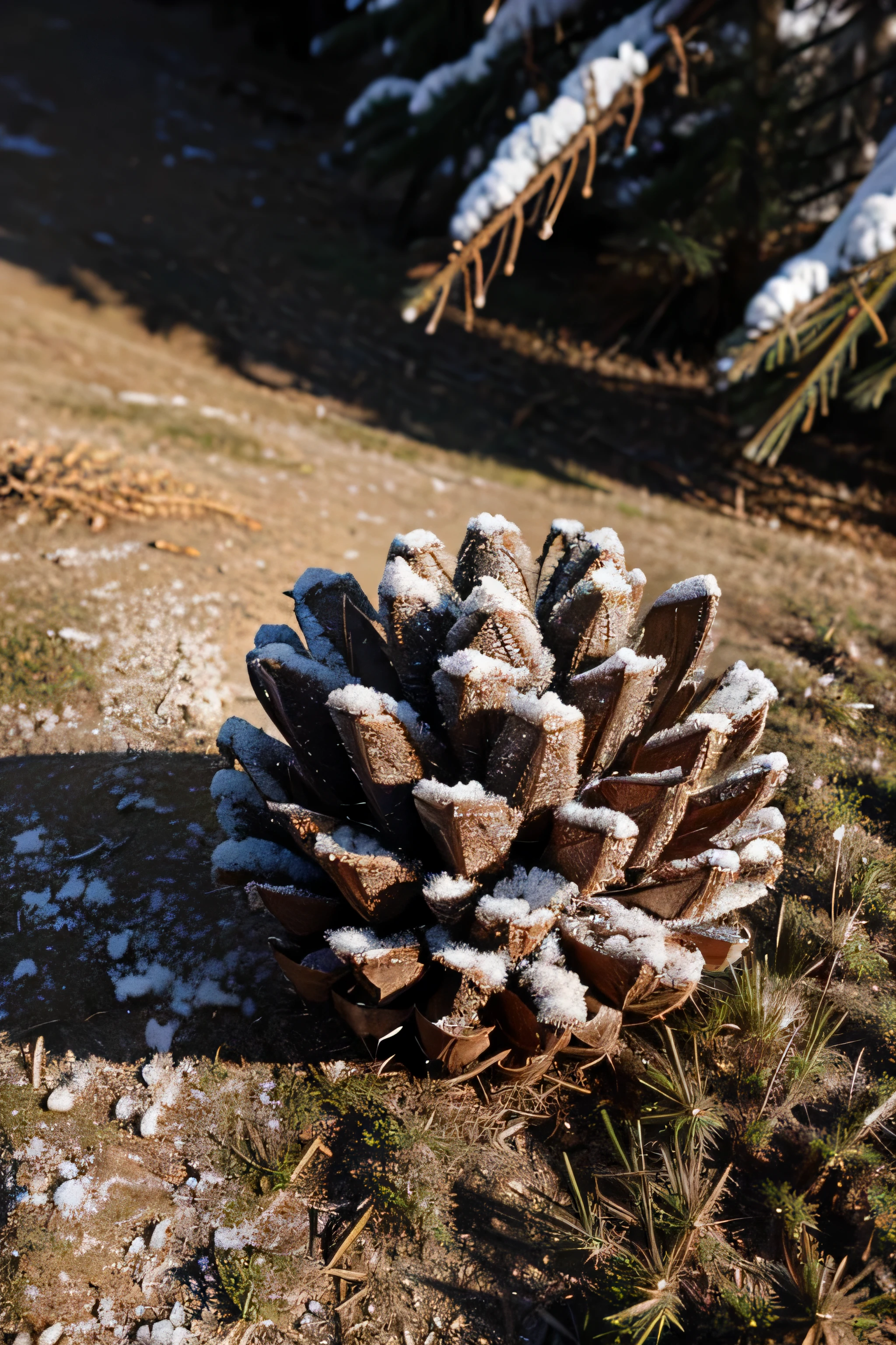 realism. frost photo. grass. pine cone.