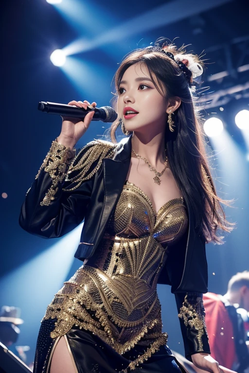 Idol female singer,Wear elaborate clothing,be on stage,Sing with a microphone,exquisite detailing,tmasterpiece,cinematric light