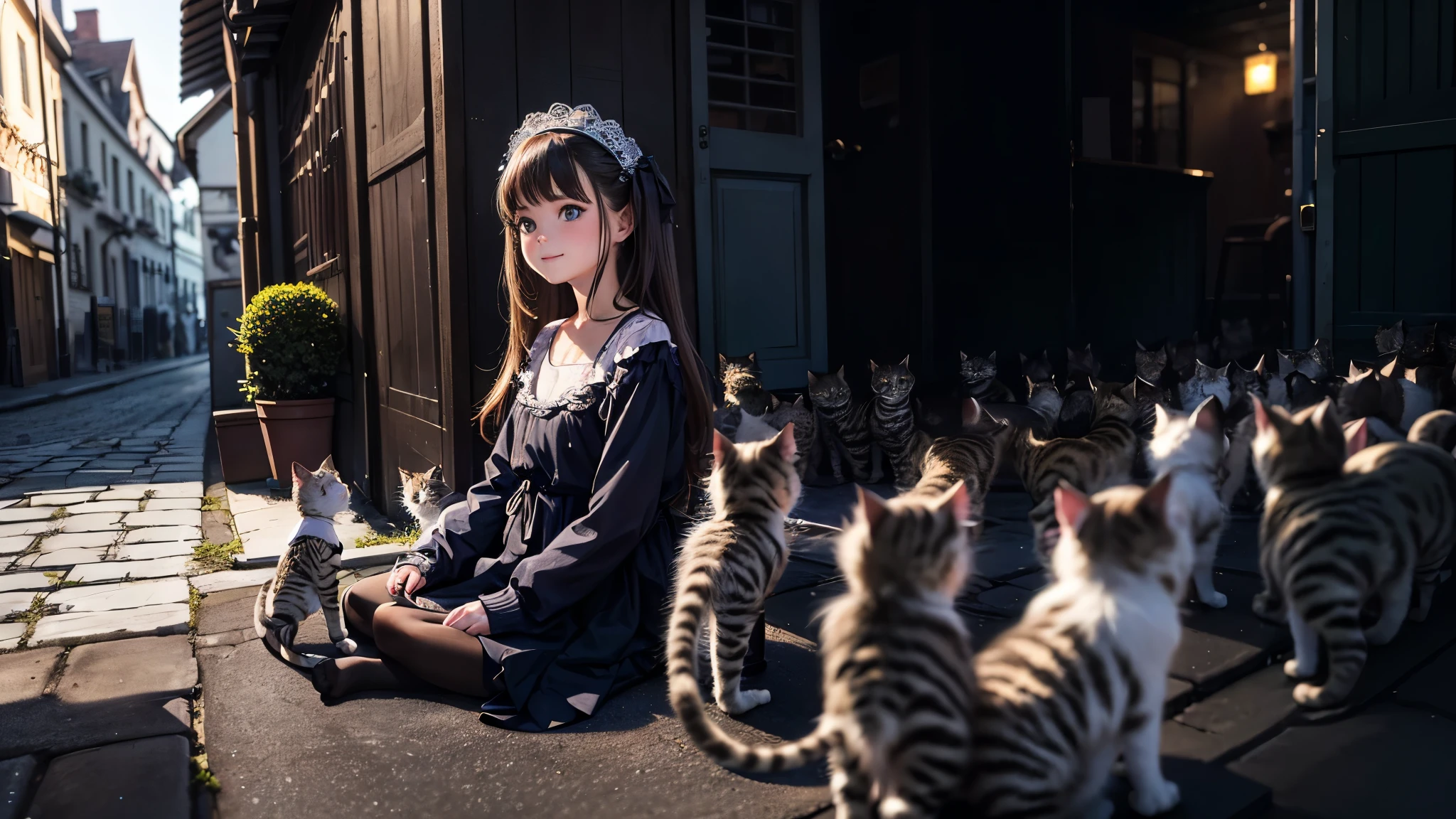 Best quality, high resolution, clear images, (many (detailed) kittens) and a lady: 1.3), focus on cats, small (detailed) cats around girls, background is back alley, detailed sunlight, sitting, girl looking at the audience, front view, (cat looking at the audience: 1.2), (happy: 1.3), (kitten), she is standing
