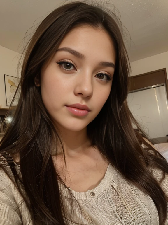 Photo of a 20 year old brunette woman., que tiene una cara muy natural, labios delgados, ojos delgados, cejas finas, nariz fina, pendientes, long eyelashes. Ella hace una linda selfie en su cama