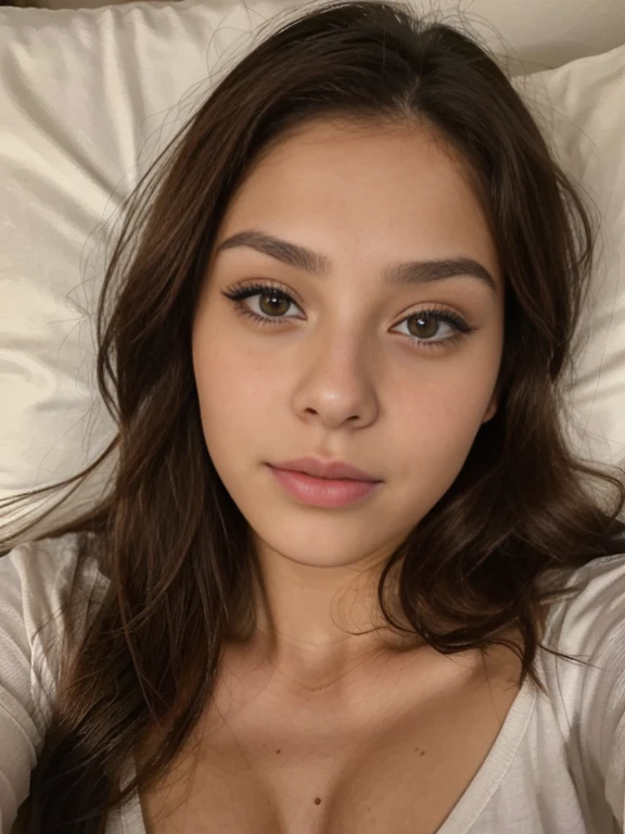 Photo of a 20 year old brunette woman., que tiene una cara muy natural, labios delgados, ojos delgados, cejas finas, nariz fina, pendientes, long eyelashes. Ella hace una linda selfie en su cama 