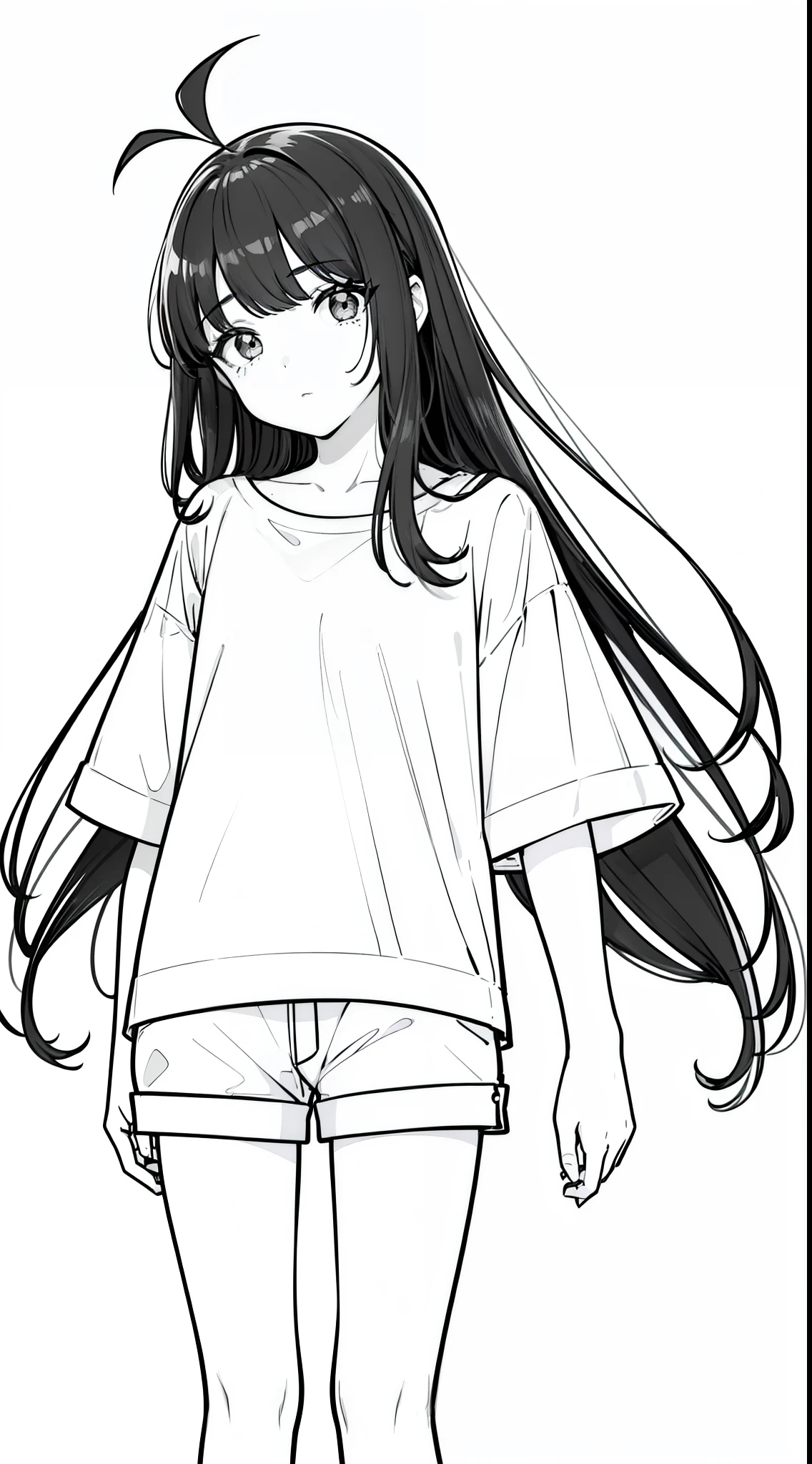 ((1girl,10s years old)),solo,black hair,long hair,(((hair 2antennas))),white shirt,short sleeves,white shorts,(white background, line drawing),black eyes,from front,(yell,sad)