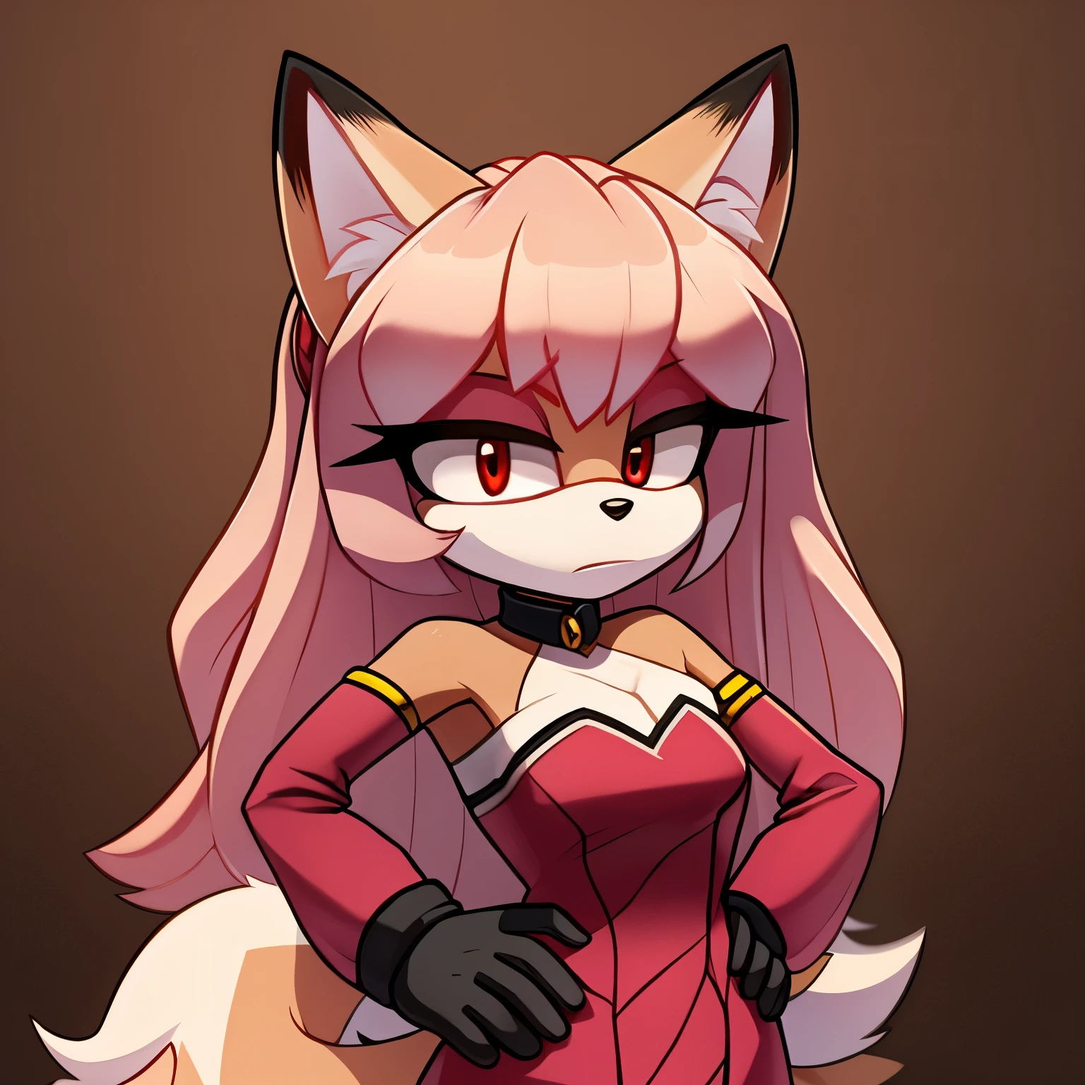 Female, Mobian, Kitsune, pinkish beige fur, white fuzzy muzzle, VERY long hair, red eyes, red makeup, serious expression, one hand on hip, hair bangs, hair on shoulders