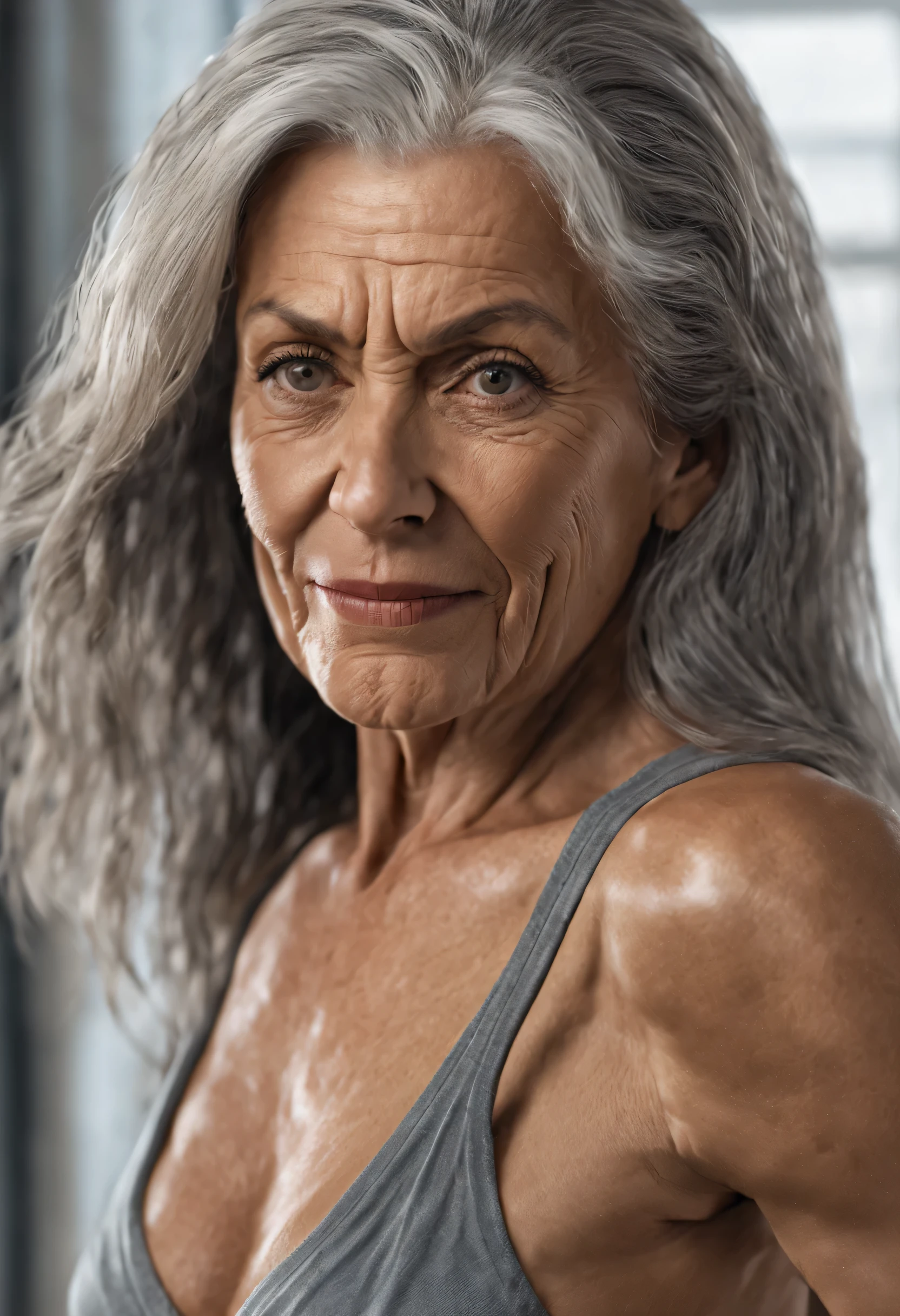 (1 mulher madura latina), rosto detalhado, ((olhando para o espectador: 1.2)), (muscular: 1.1), long hair, (best quality,4k,8k,highres,masterpiece:1.2),ultra-detailed,(realistic,photorealistic,photo-realistic:1.37),gray hair,56 years old,gray hair,nude on the bathroon,bodybuilder sexy woman,(very sexy old lady)