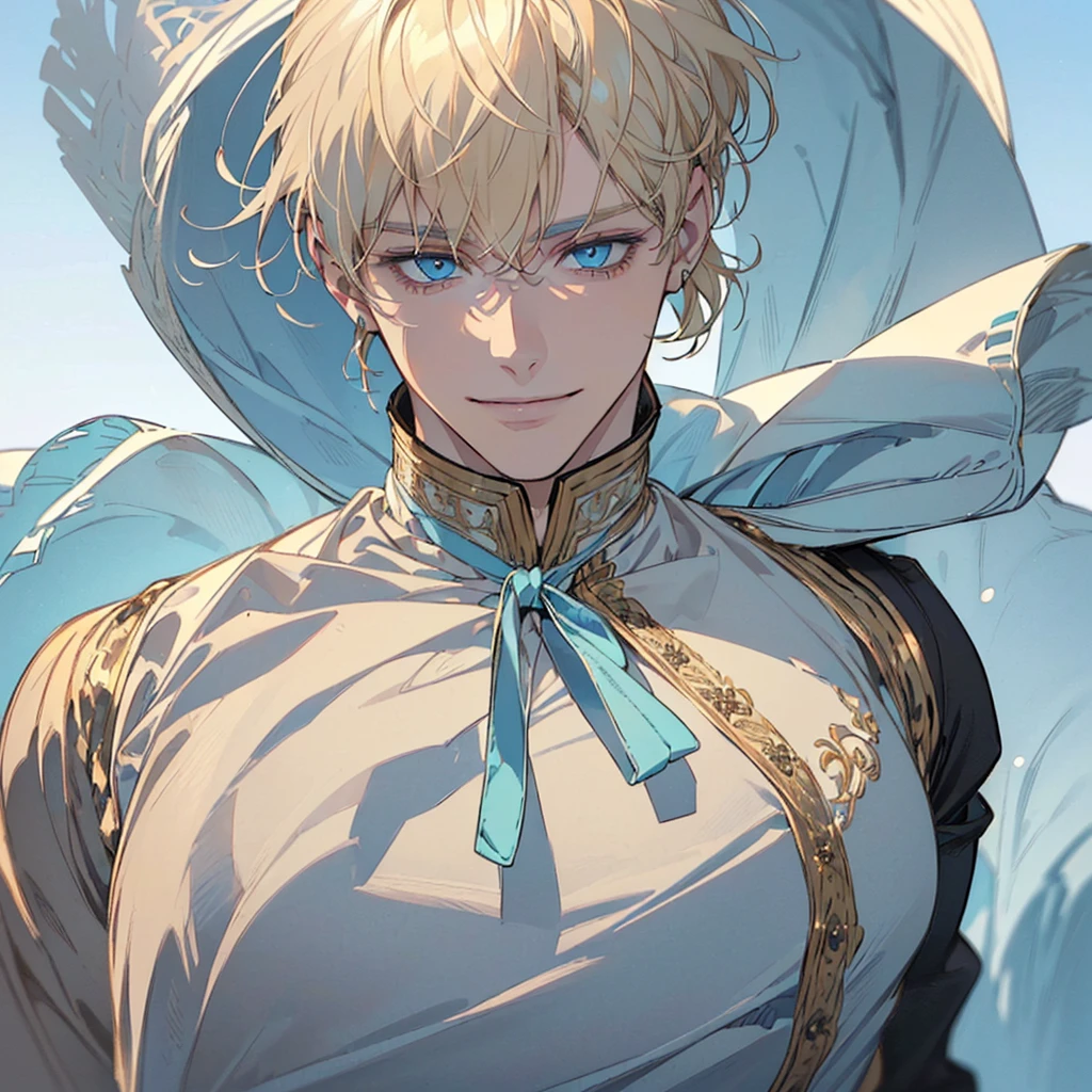 (((I want a Man alone, short light blonde hair with a big fringe on his face, serene light blue eyes, a slightly effeminate but detailed and handsome face, muscular body, wearing modern clothes, with a smiling expression)))