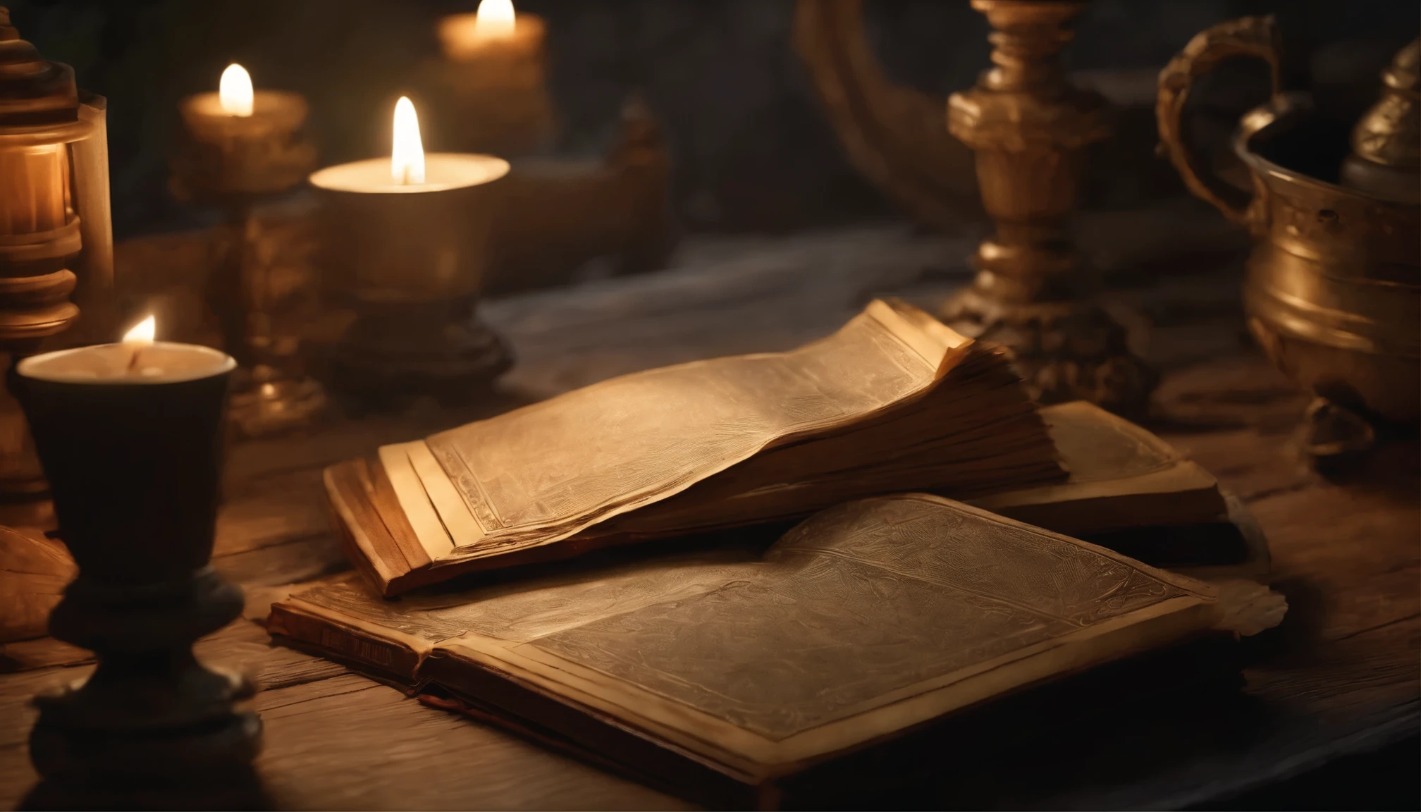 um livro aberto em cima de uma mesa de madeira velha, uma vela acesa ao lado iluminando a cena,  (realistic:1.3), insane detailed, quality, (masterpiece:1.2), (photorealistic:1.2), (best quality), (detailed skin:1.3), (intricate details), ray tracing,