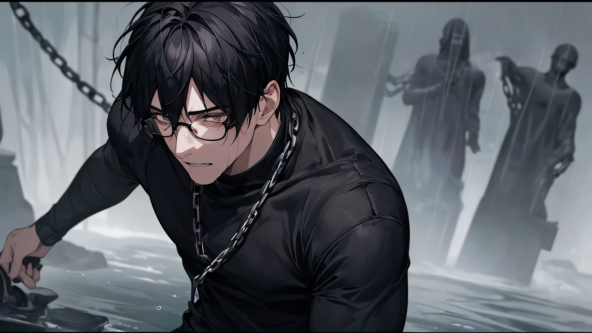 1 guy, black jeans, black sweater, rings on fingers, black nails, Glasses, black hair, a little sporty, Hand in pocket, Dead Eyes, depression, portrait, cinematic lighting, Blur background with chains, Best quality, black gloves, hung his head, rain, Dark tones, Wet, Brown eyes, In chains,in blood, the guy has no eyes, Tears, demon statues in the background, in black water, it is frightful,
