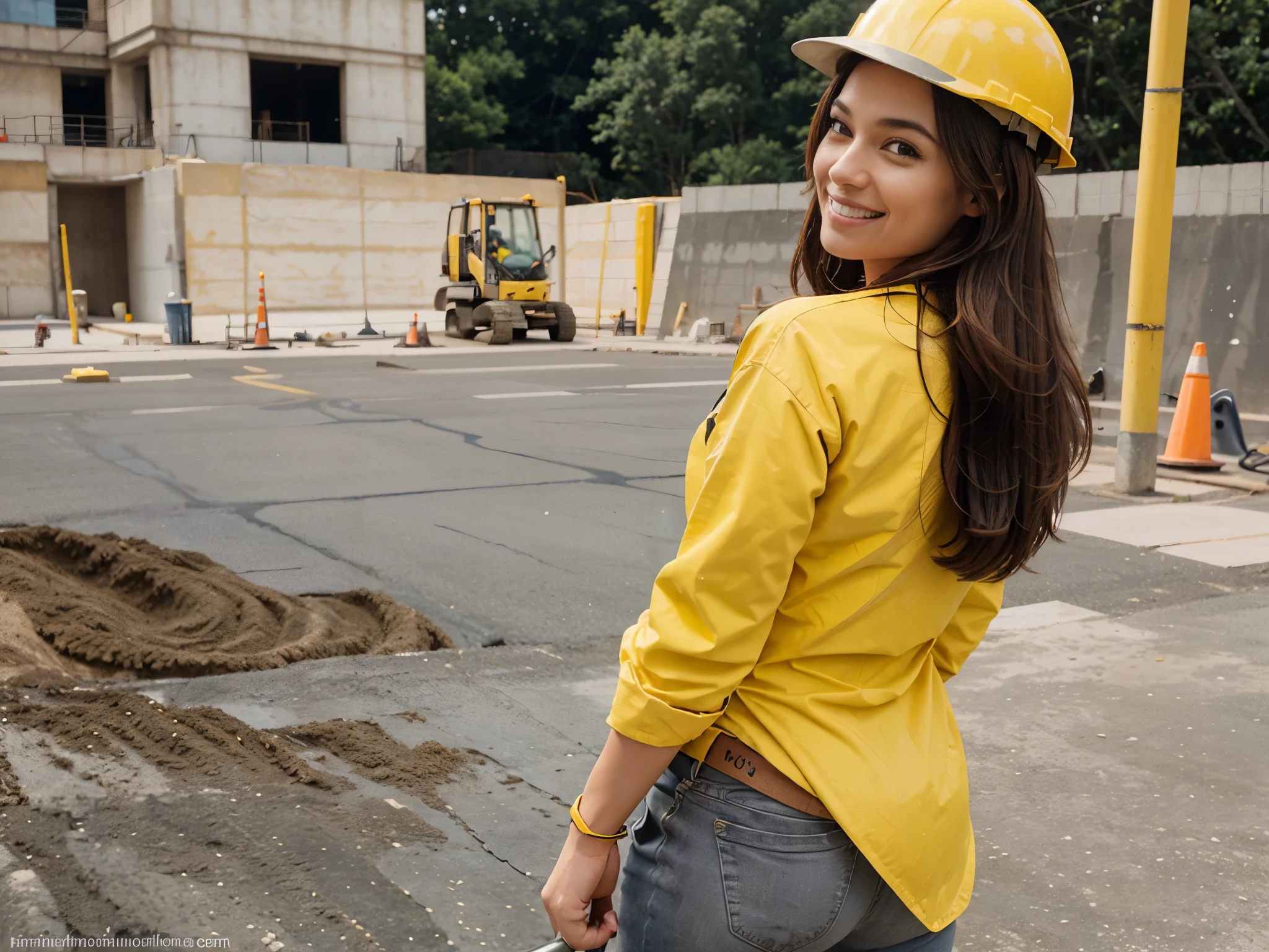 back pose of a beautiful american woman, wearing cement workers uniform and yellow construction helmet, smiling, pouring cement for driveway repairs, infront of construction site, long straight black hairs, flirty look, straight hairs, brown eyes, brown hairs, realistic skin texture, realistic photography