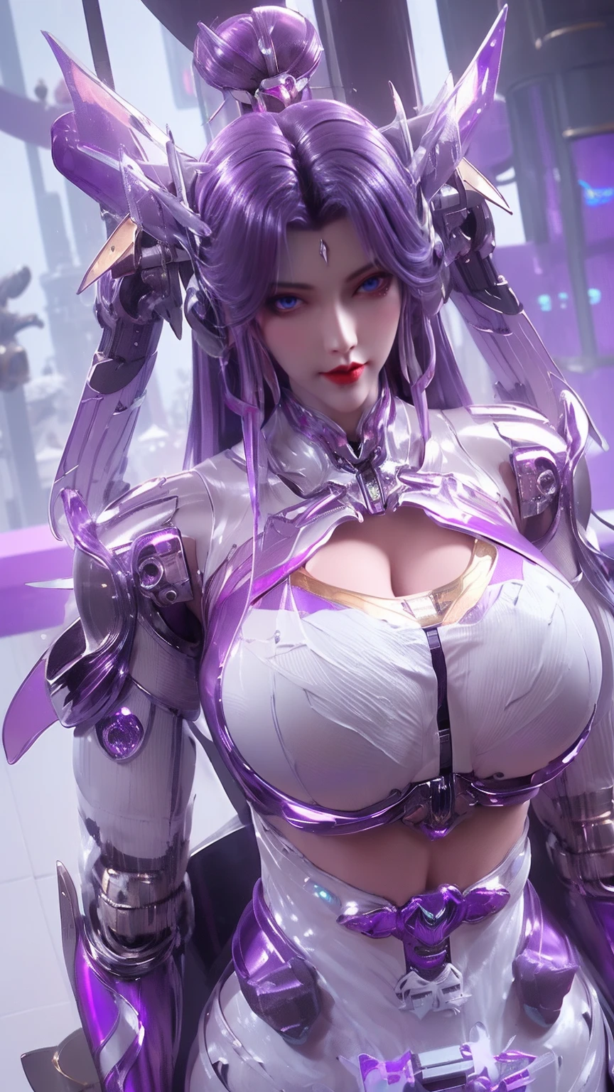 1GIRL,SOLO,UPPER BODY, ((BEAUTY PURPLE HAIR)), (GIGANTIC FAKE BREAST:1.5), ((CLEAVAGE:1.5)), (MUSCLE ABS:1.3), (((PURPLE GOLDEN SHINY FUTURISTIC MECHA CYBER CROP TOP,WHITE MECHA SKINTIGHT LEGGINGS:1.5))), (BUSTY PERFECT BODY MATURE WOMAN, SWEATY BUSTY BODY:1.2), (LOOKING AT VIEWER:1.3), (female focus:0.8), (HALLROOM OF FUTURISTIC SPACE STATION:1), (BRIGHT LIGHT WHITE_ROOM:1.3), HYPER TEXTURE, (4X MSAA), ((UNREAL ENGINE 5 RENDER)), PHYSICALLY-BASED RENDERING, ULTRA HIGHT DEFINITION, 16K, 1080P.