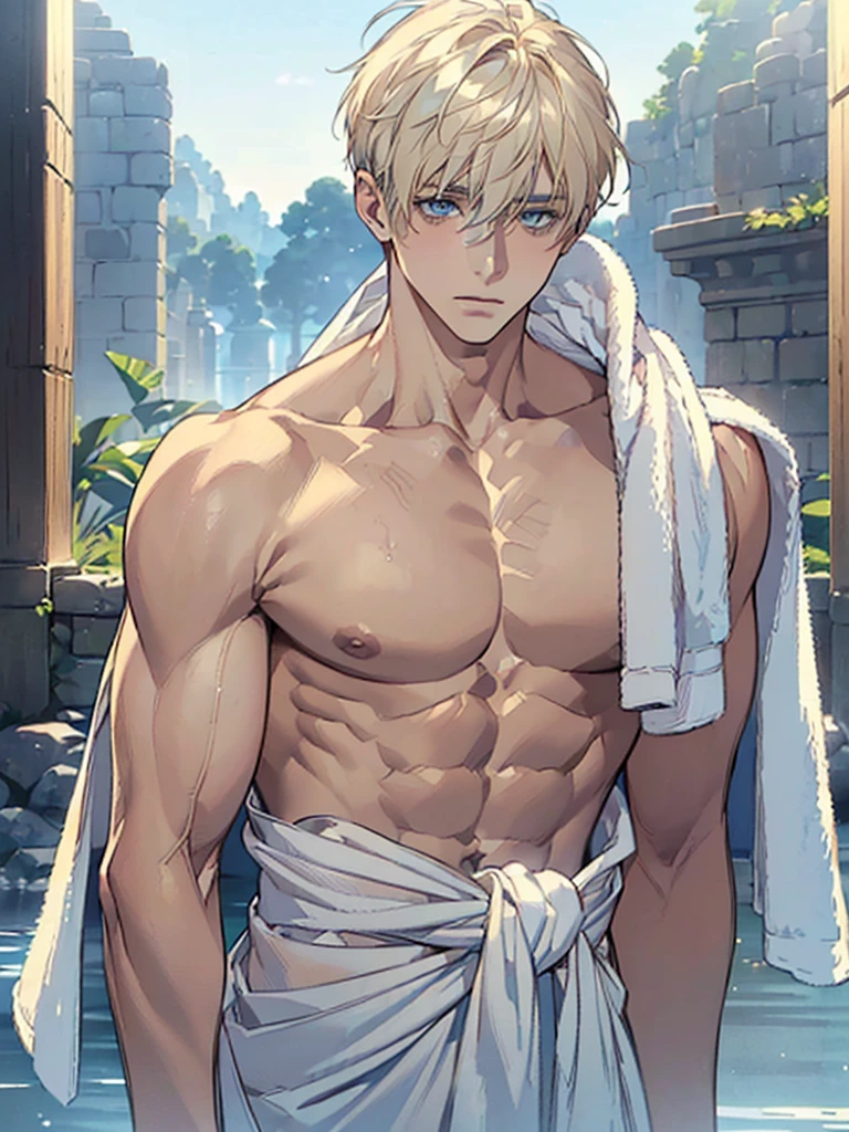 (((I want a man alone, short light blonde hair with a big fringe on his face, serene light blue eyes, a slightly effeminate but detailed and beautiful face, muscular body, wearing a towel around his waist and being shirtless showing his chest) ))