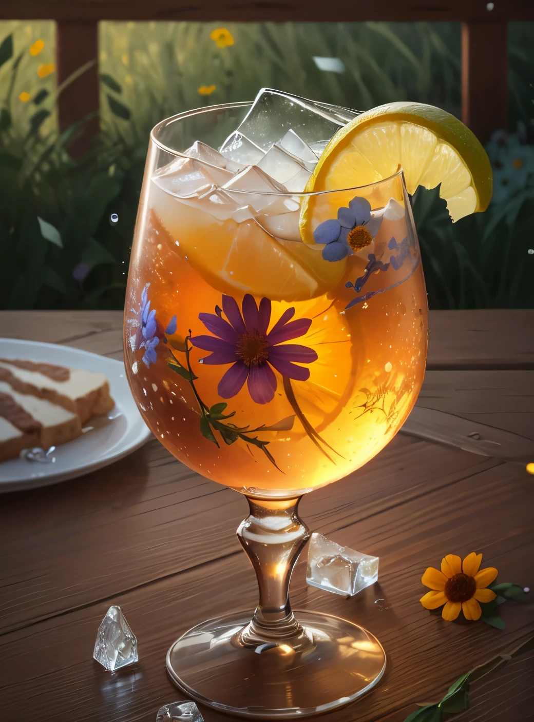 glass of kvass with ice, dripping water drops on glass, translucent liquid, ice cubes, wreath of wild flowers on picnic tablecloths, bright sun, midday outdoor lighting, open air, natural background, summer day, hot weather, high detail, very humid humidity, high brightness, wet watermarks, overdetail, super detail superdetailing, surrealism, soft light, studio lighting, diffuse soft light, shallow depth of field, sharp focus, bokeh effect, highly detailed glass reflection, ultra-thin (superfine, ultra-thin) (thin, fine, ultra-detailed), cinematic, surrealism, armature, best quality, ultra-high resolution (photorealistic: 1.4), high resolution, detail, raw photography, clear reproduction, stock camera, realistic texture, dramatic lighting, unreal engine, popular on artstation, macro