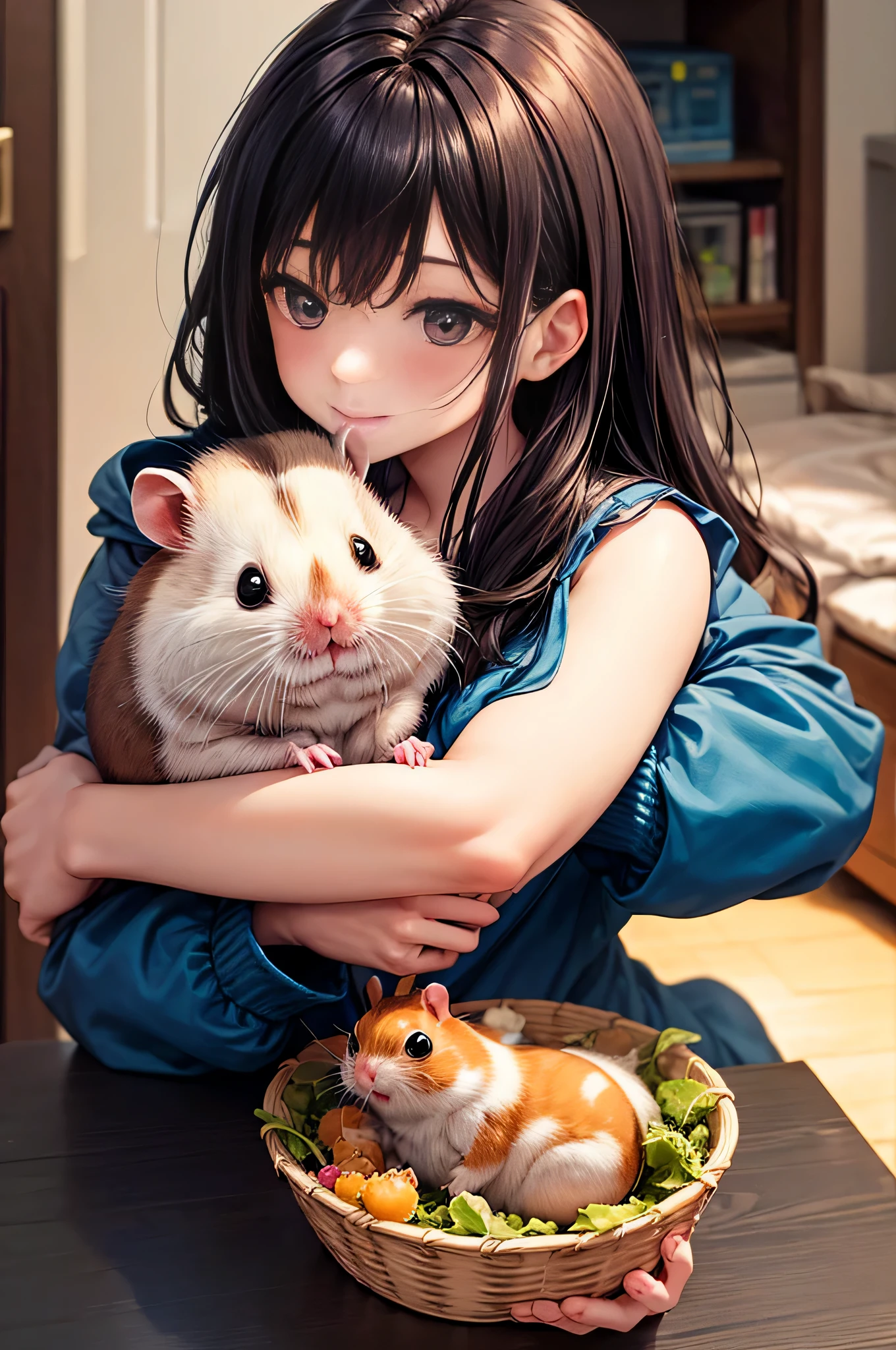 "A captivating anime-style illustration of a little girl grinning donning mouse ears, surrounded by cheese, in a cozy room. Vibrant colors, anime charm, heartwarming, the epitome of comfort and cuteness."