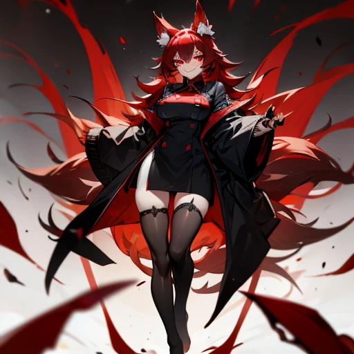 Black and red hair, red eyes, evil smile, wolf ears, nine tails, stockings, uniform, sexy, no shoes, standing, large breast, thighs, 