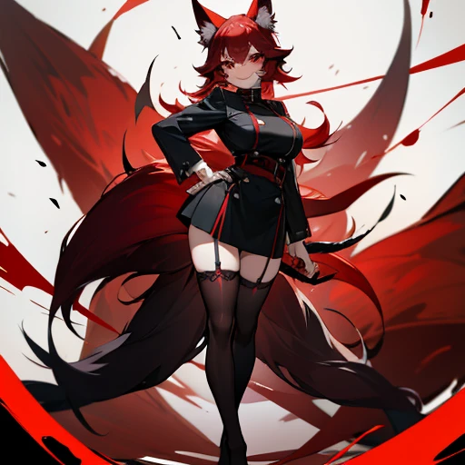 Black and red hair, red eyes, evil smile, wolf ears, nine tails, stockings, uniform, sexy, no shoes, standing, large breast, thighs,
