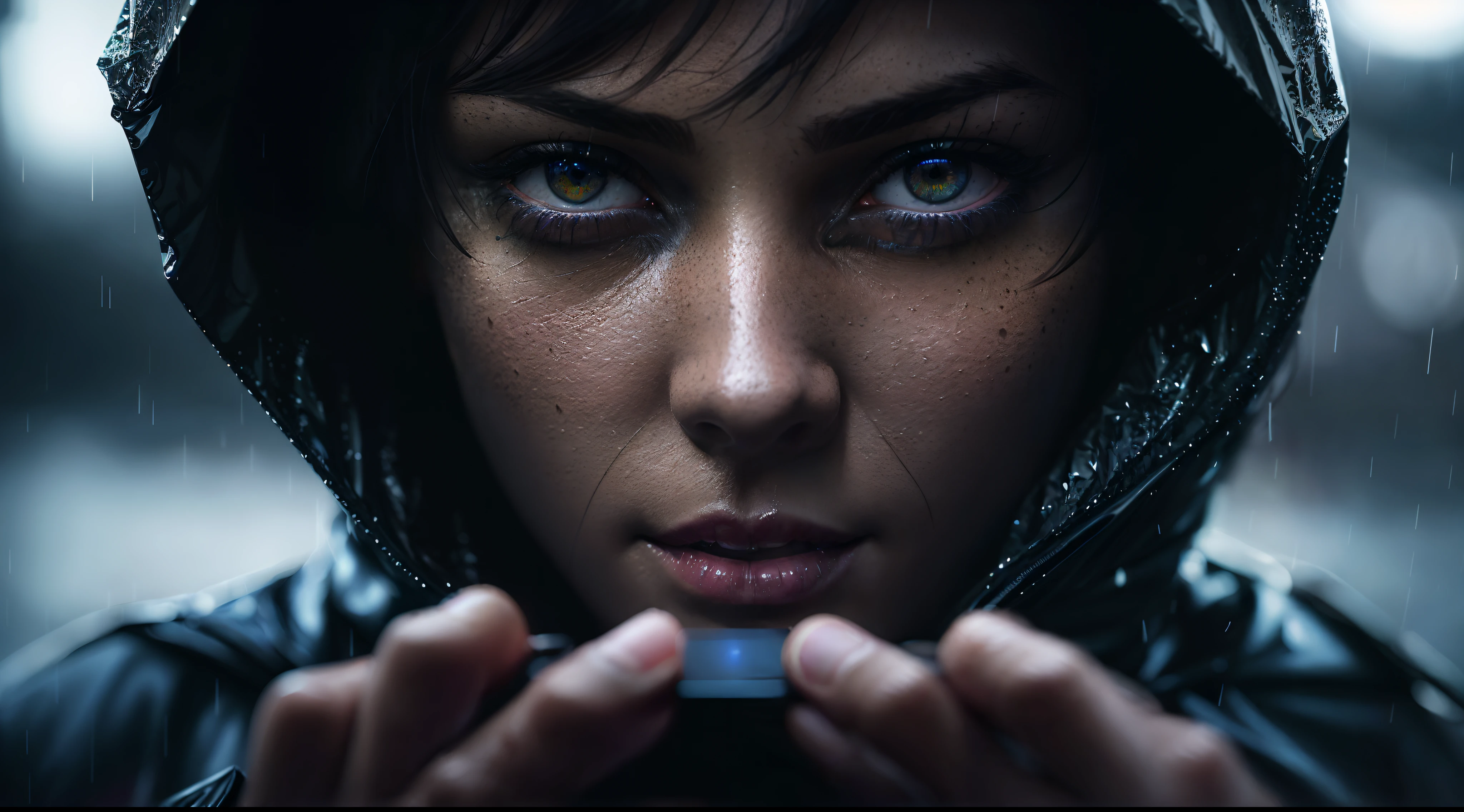 arafed woman in a raincoat looking at the camera, Cinematographic portrait, dramatic Cinematographic portrait, highly detailed vfx portrait, Cinematic realistic portrait, epic cinematic portraits, Ultra-realistic digital art, Ultra realistic digital art, Hyperrealistic digital art, Detailed cinematographic photography, Ultra-realistic digital art, dark, photorealistic concept art, Wojtek FUS, Ultra realistic digital painting