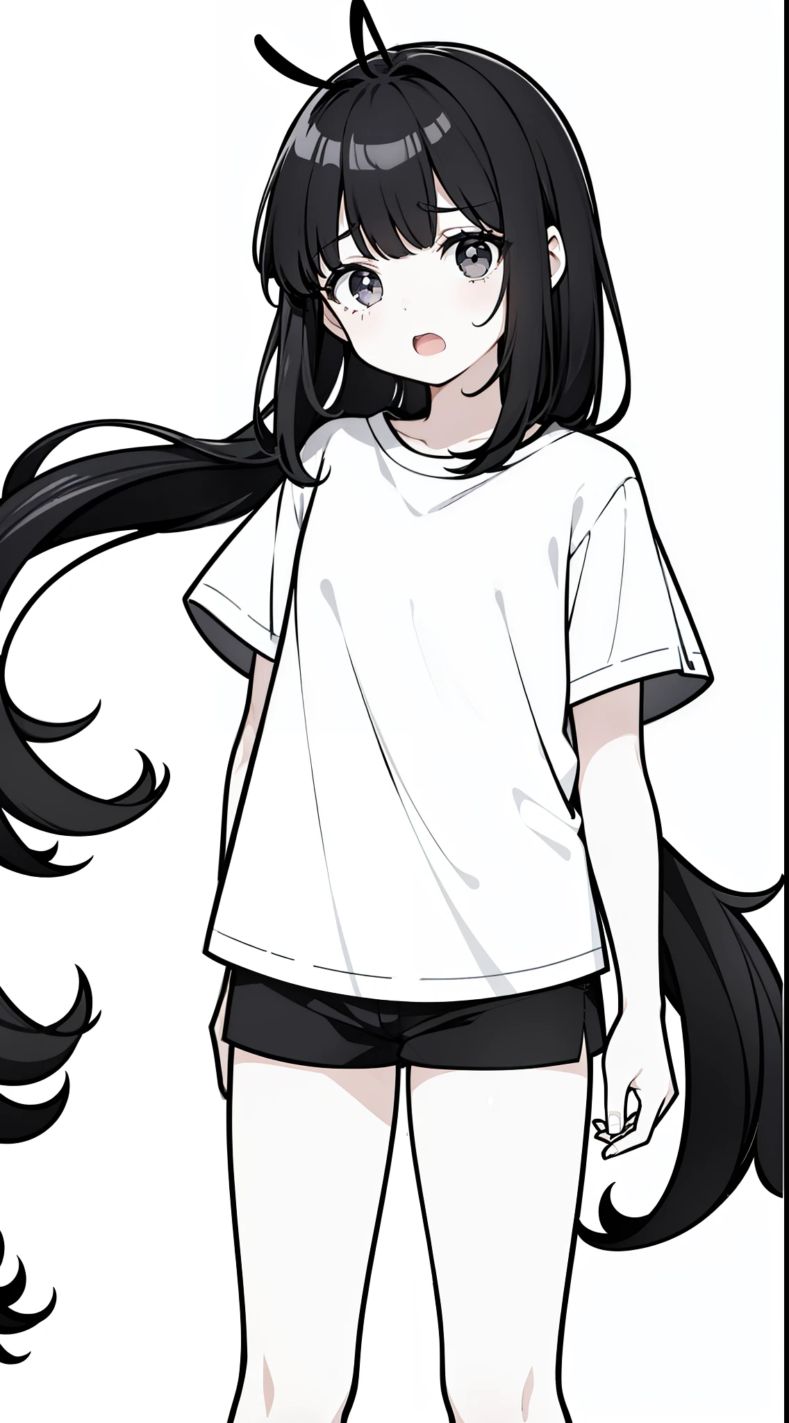 1girl,10s years old,solo,black hair,long hair,(((hair 2antennas))),white shirt,short sleeves,white shorts,(white background, line drawing),black eyes,from front,(open mouth,sad)