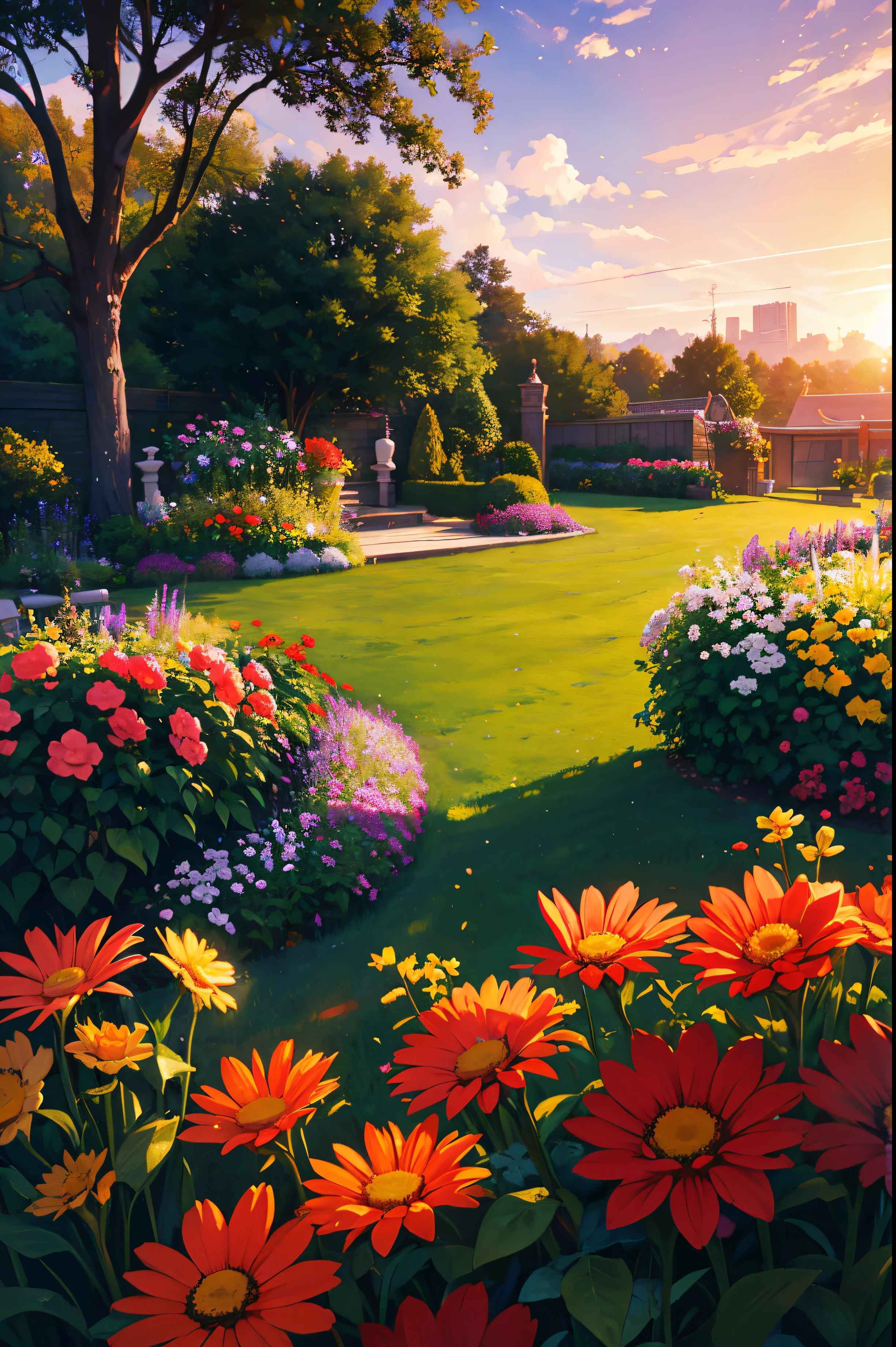 Um jardim cheio de felicidade，Sob a luz do sol poente，cheio de vida，k hd，4k，low saturation，soft lighting