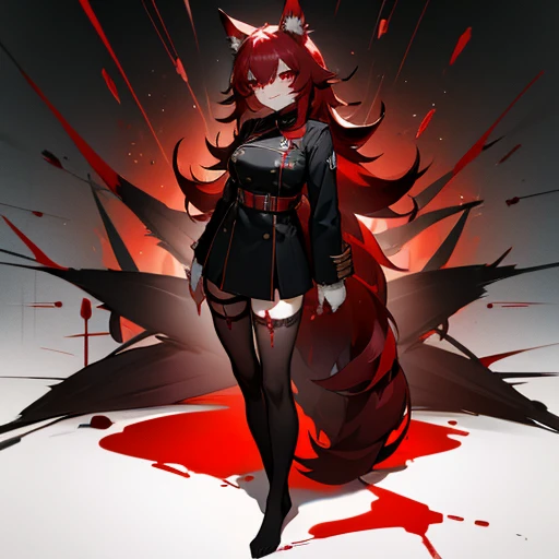 Black and red hair, red eyes, evil smile, wolf ears, nine tails, stockings, uniform, sexy, no shoes, standing, blood on hands, crazy look
