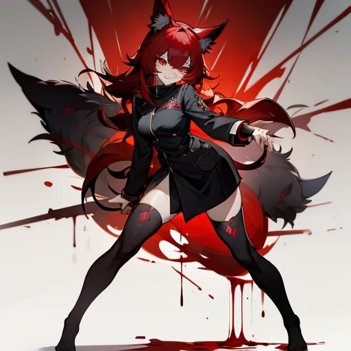 Black and red hair, red eyes, evil smile, wolf ears, nine tails, stockings, uniform, sexy, no shoes, standing, blood on hands, crazy look