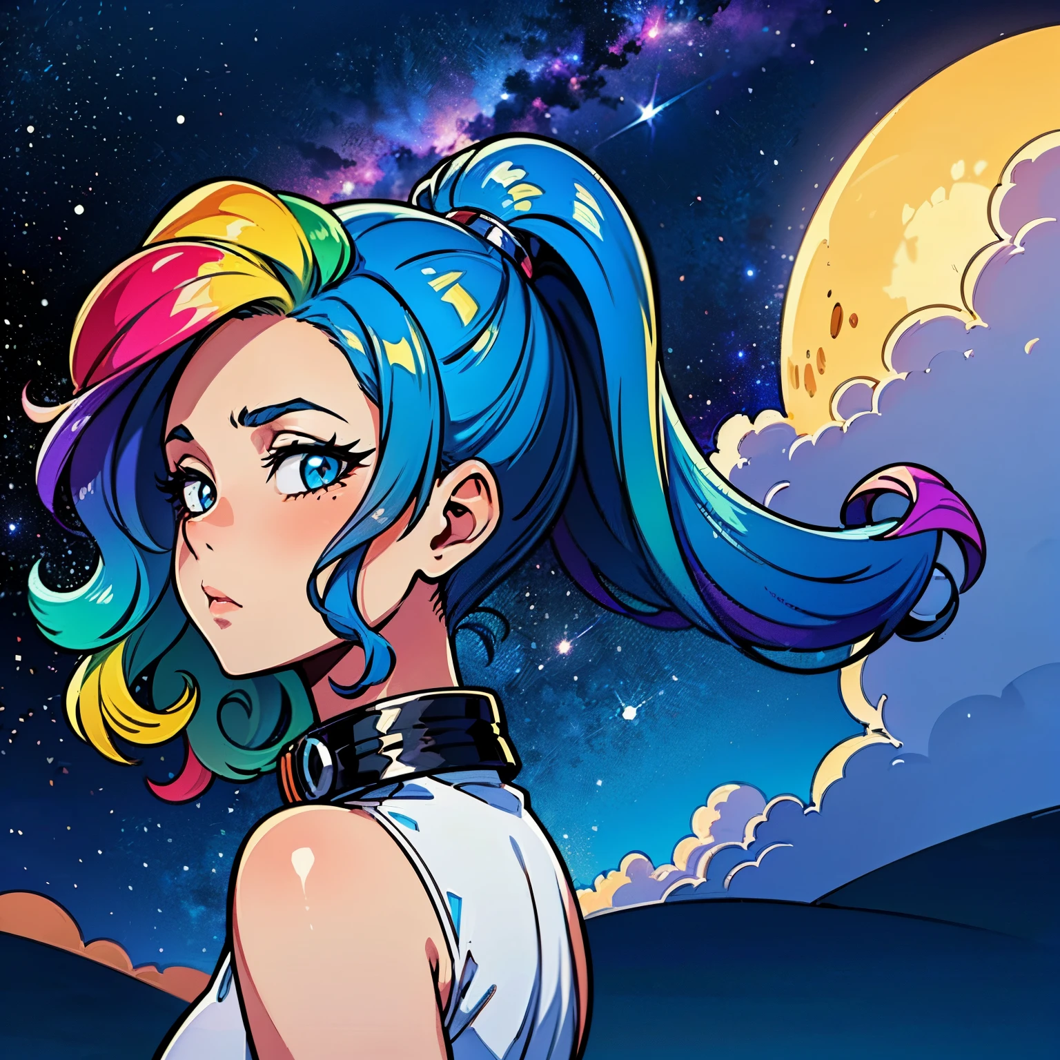 ((masterpiece)), (((Best quality))), ((ultra detailed)), ((illustration)),[Realistic lighting effect], shadows,(fantasy style),Holding a flower, Sad look, dark colors, Low light, night lighting, simple background, illustration, 1 girl, Tricky glance, Majestic view (multicolored hair, gradient hair, Hair color from blue to peach, without bangs, curly curl on the cheek, hairstyle: high ponytail), The eyes are crimson-red, Environment change scene, (Hair surrounded by galaxy splashes),))):((Her hair turns into galactic clouds,:1.27628), Moon in the night, stars, wide eyes, eyelashes, side view, Crystal hair, glowing hair, shirt with collar, galaxy, Additional lighting