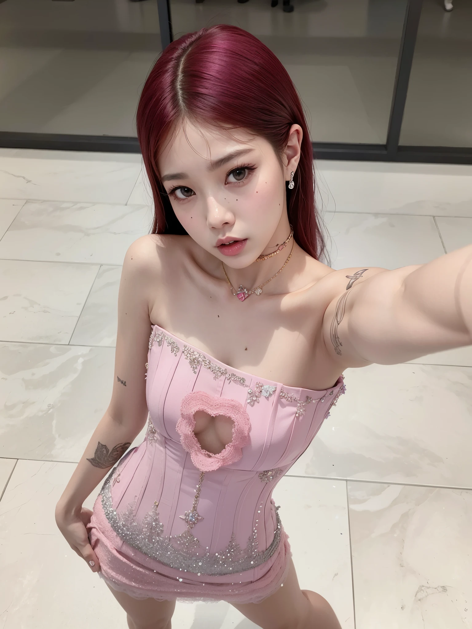 there is a woman in a pink dress holding a cell phone, parque roseanne de blackpink, jossi do blackpink, Jisoo do Blackpink, Jisoo do Blackpink, Bela Delfina, Sun Yunjoo, corpo rosa, com cabelo rosa, Heonhwa Choe, Kim Doyoung, portrait of jossi do blackpink, Sha Xi, Lalisa Manoban do Blackpink