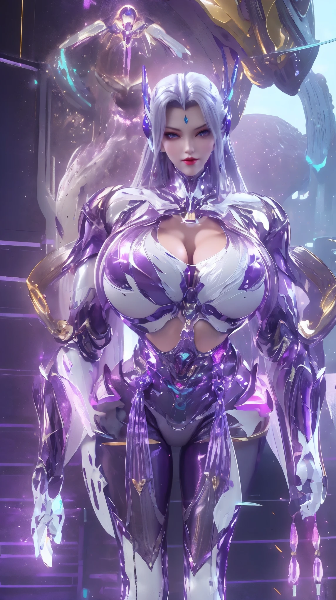 1GIRL,SOLO,UPPER BODY, ((BEAUTY PURPLE HAIR)), (GIGANTIC FAKE BREAST:1.5), ((CLEAVAGE:1.5)), (MUSCLE ABS:1.3), (((PURPLE GOLDEN SHINY FUTURISTIC MECHA CYBER CROP TOP,WHITE MECHA SKINTIGHT LEGGINGS:1.5))), (BUSTY PERFECT BODY MATURE WOMAN, SWEATY BUSTY BODY:1.2), (LOOKING AT VIEWER:1.3), (female focus:0.8), (HALLROOM OF FUTURISTIC SPACE STATION:1), (BRIGHT LIGHT WHITE_ROOM:1.3), HYPER TEXTURE, (4X MSAA), ((UNREAL ENGINE 5 RENDER)), PHYSICALLY-BASED RENDERING, ULTRA HIGHT DEFINITION, 16K, 1080P.