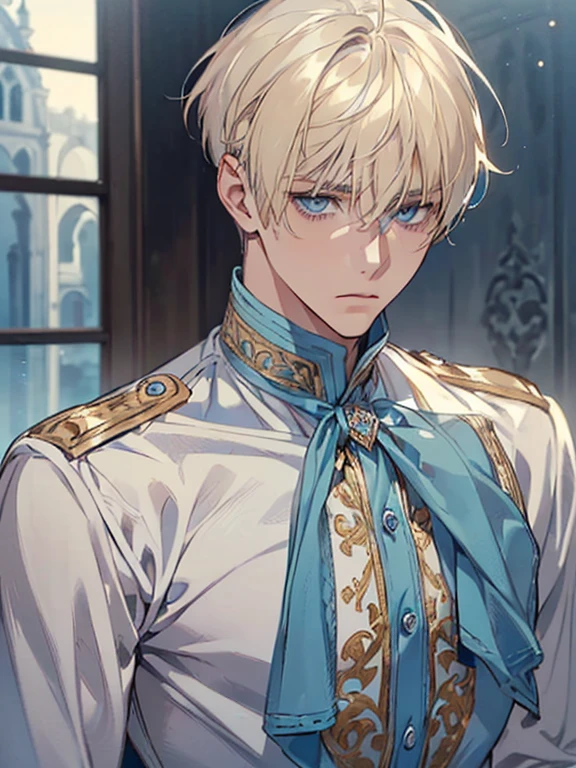 (((I want a man alone, short light blonde hair with a big fringe on his face, serene light blue eyes, a slightly effeminate but detailed and beautiful face, muscular body, wearing school clothes and a serious expression)))