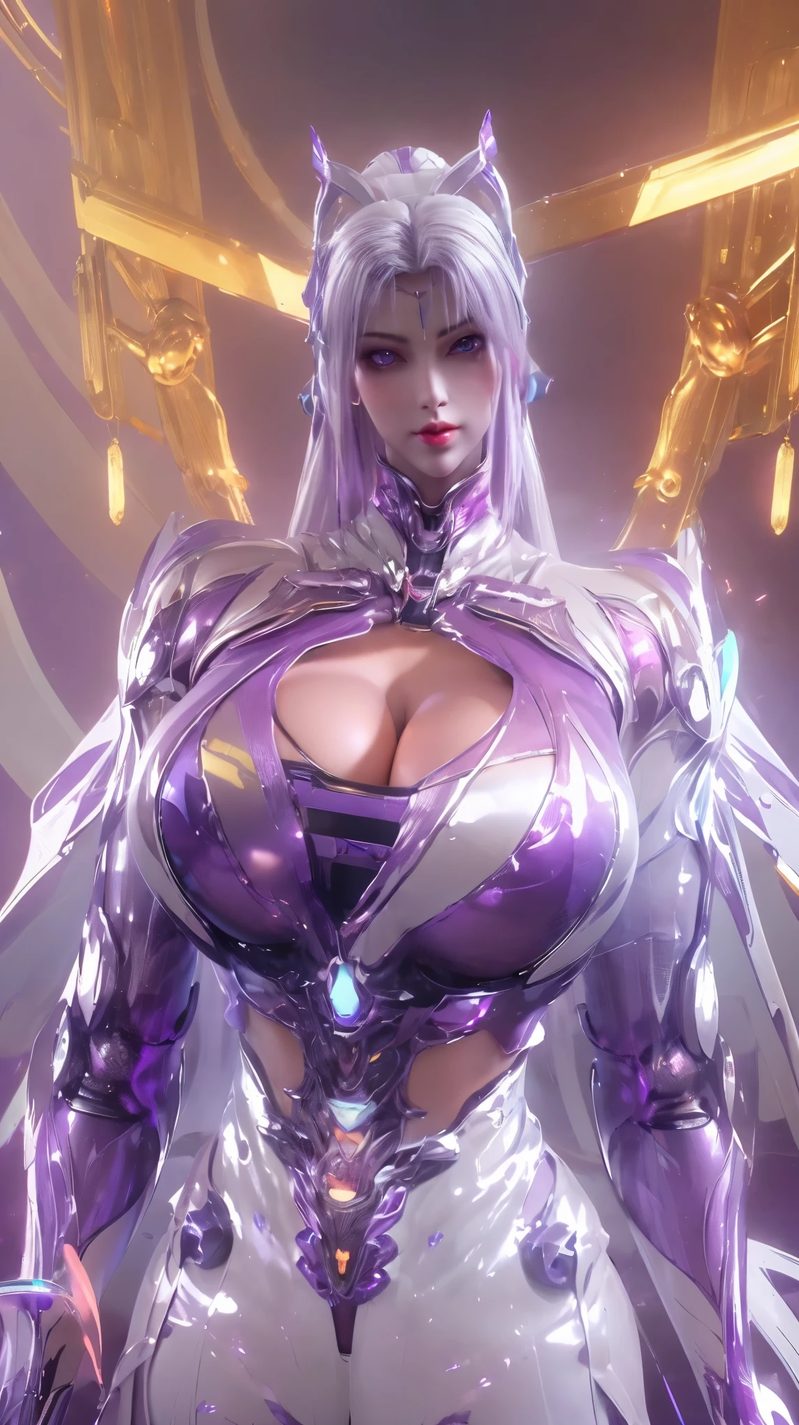 1GIRL,SOLO,UPPER BODY, ((BEAUTY PURPLE HAIR)), (GIGANTIC FAKE BREAST:1.5), ((CLEAVAGE:1.5)), (MUSCLE ABS:1.3), (((PURPLE GOLDEN SHINY FUTURISTIC MECHA CYBER CROP TOP,WHITE MECHA SKINTIGHT LEGGINGS:1.5))), (BUSTY PERFECT BODY MATURE WOMAN, SWEATY BUSTY BODY:1.2), (LOOKING AT VIEWER:1.3), (female focus:0.8), (HALLROOM OF FUTURISTIC SPACE STATION:1), (BRIGHT LIGHT WHITE_ROOM:1.3), HYPER TEXTURE, (4X MSAA), ((UNREAL ENGINE 5 RENDER)), PHYSICALLY-BASED RENDERING, ULTRA HIGHT DEFINITION, 16K, 1080P.