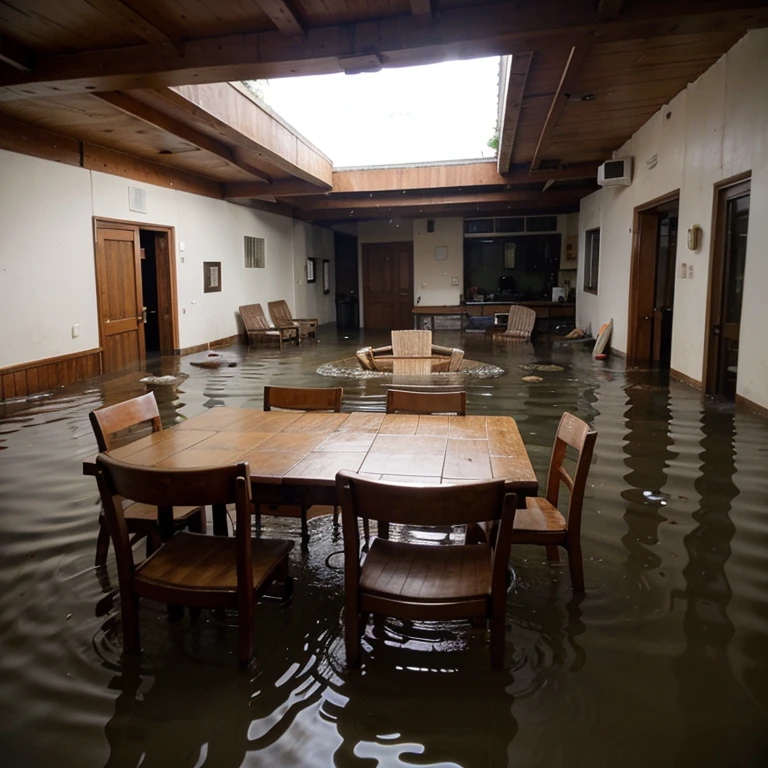 Floating chairs and items in a flooded house